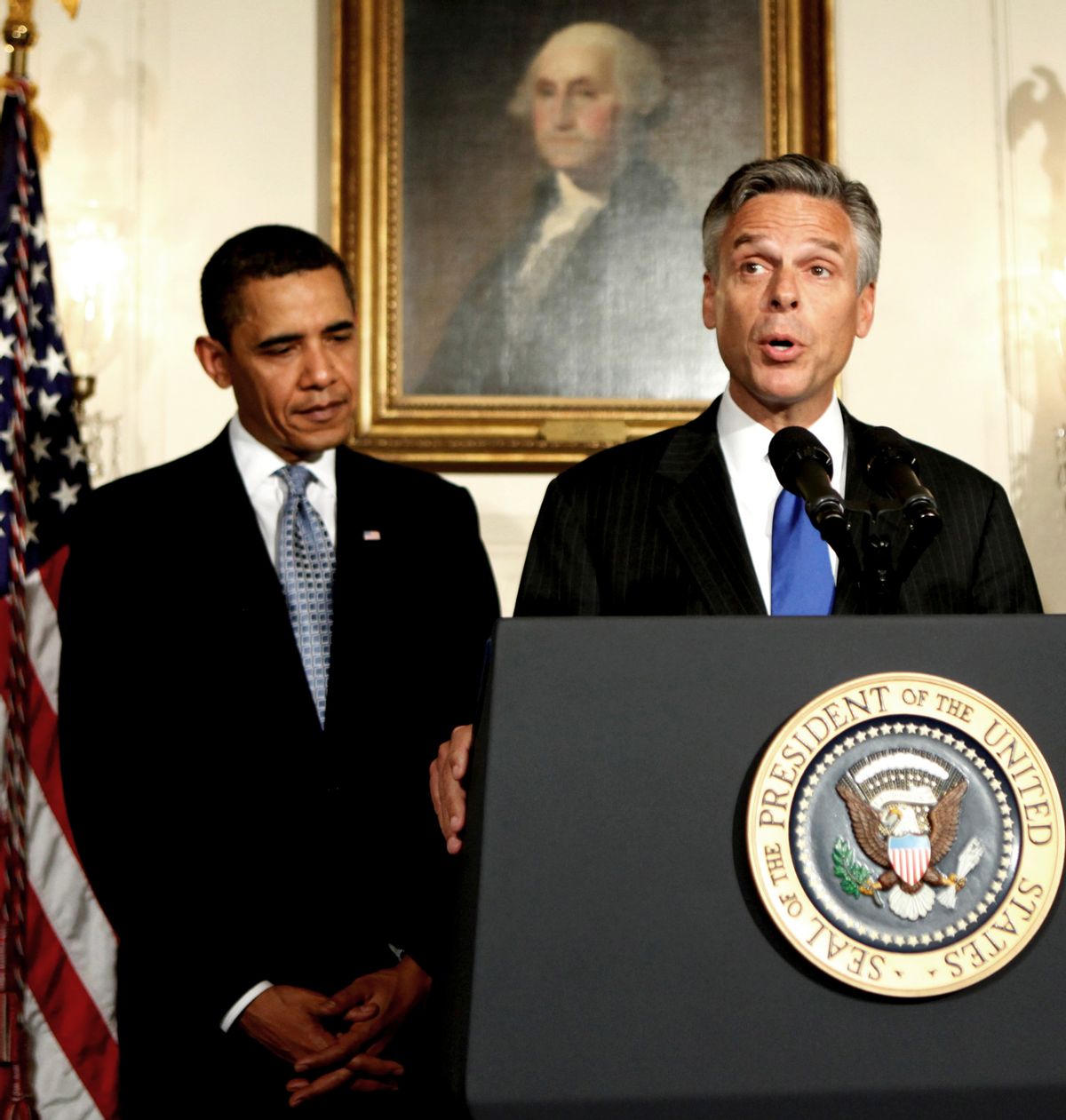 FILE - In this May 16, 2009 file photo, then-Utah Governor Jon Huntsman gives his acceptance remarks after his nomination by President Barack Obama as ambassador to China, in the Diplomatic Room at the White House in Washington. President Barack Obama pledged to bring change to Washington, but he is continuing one of the capital's most entrenched traditions: rewarding political supporters with ambassadorships. (AP Photo/Manuel Balce Ceneta, FILE) (Associated Press)