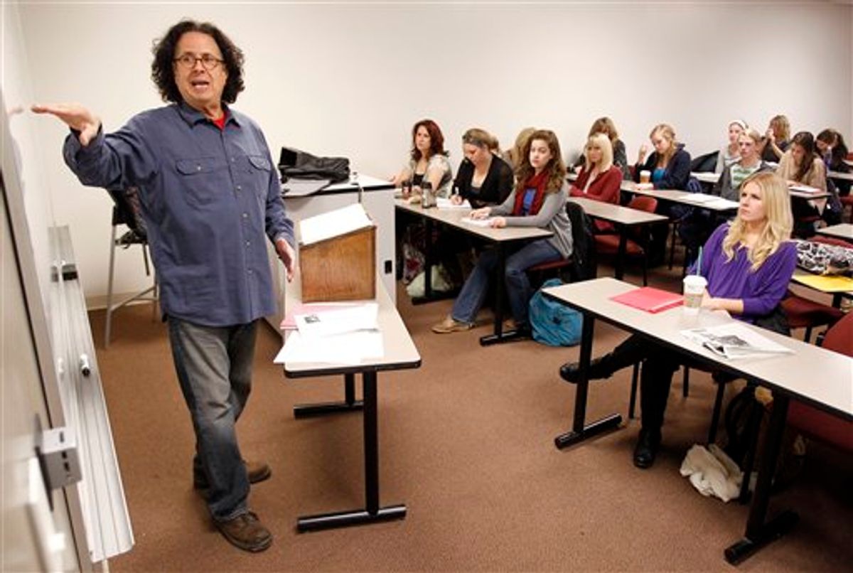 In this Jan. 20, 2011 photo, Mark Volman teaches a class in music management at Belmont University in Nashville, Tenn. Volman, who was a founding member and manager of the music group The Turtles, is an assistant professor and the coordinator of the entertainment industry studies program at Belmont University . (AP Photo/Mark Humphrey) (AP)