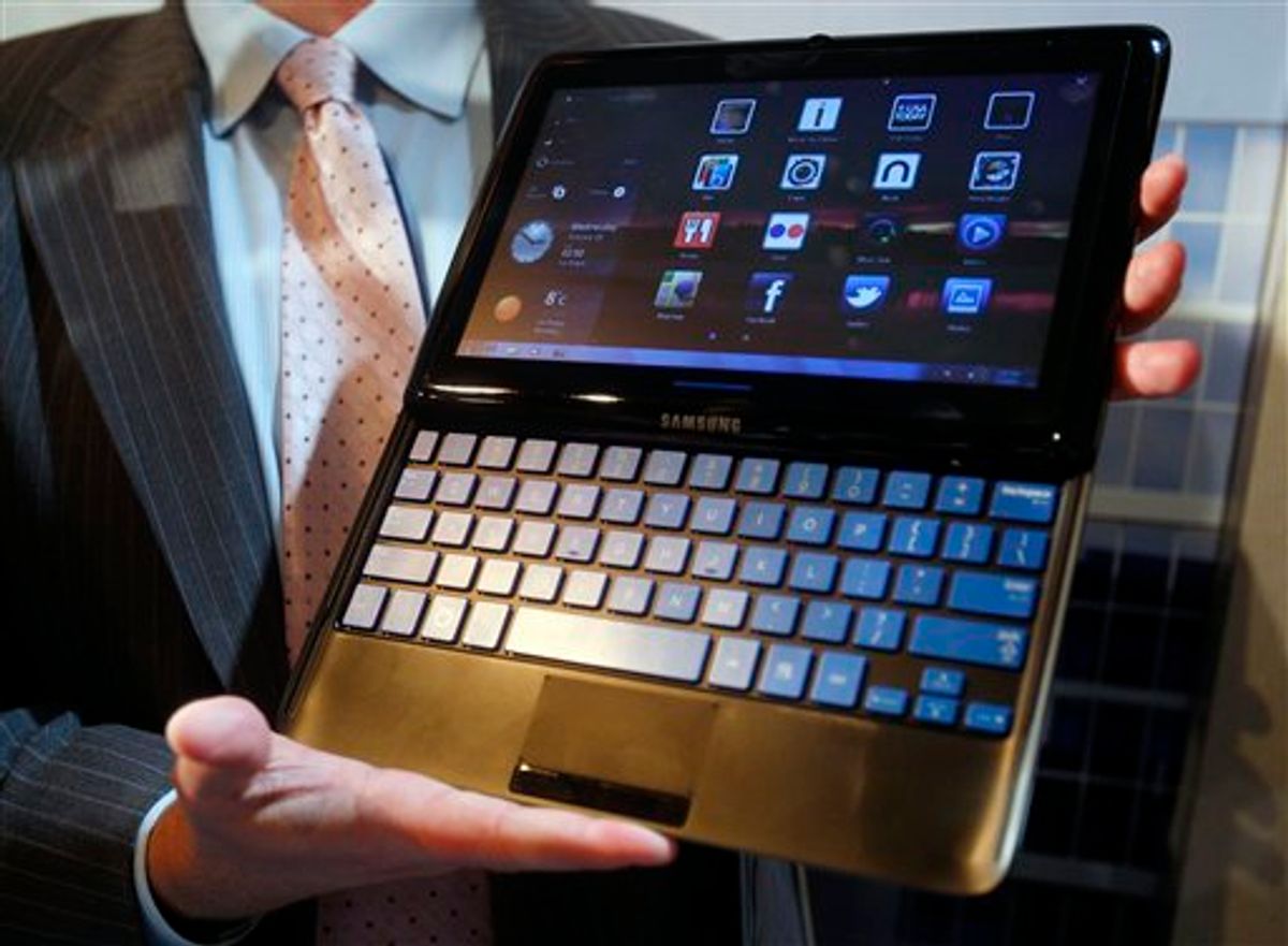 This Wednesday, Jan. 5, 2011 picture shows a Samsung 7 Series sliding PC during a preview for the Consumer Electronics Show in Las Vegas. The tablet computer contains a sliding keyboard. (AP Photo/Isaac Brekken) (AP)