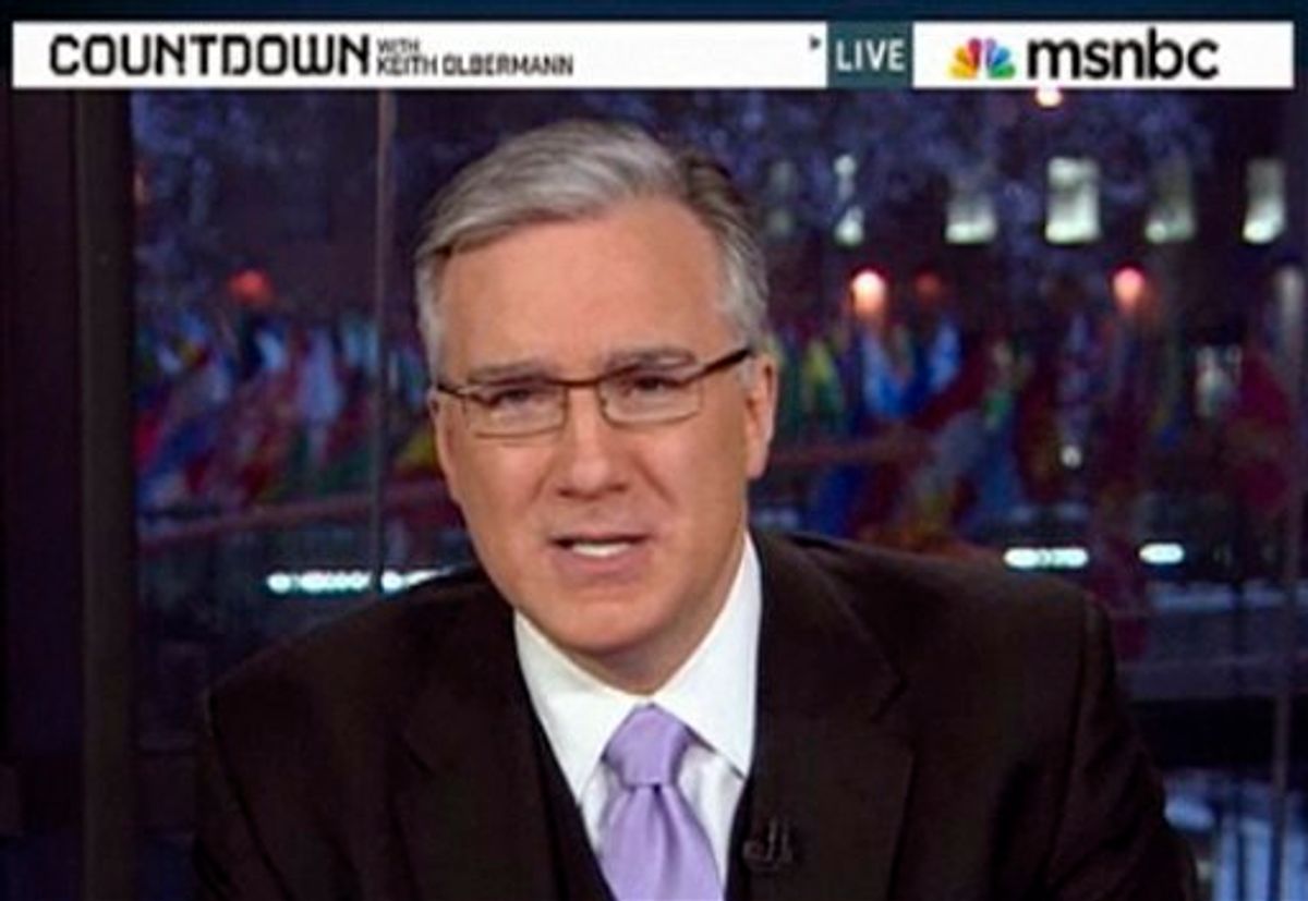 This frame grab from MSNBC video, shows Keith Olbermann on "Countdown" on Jan. 21, 2011. Olbermann returned from one last commercial break on "Countdown" to tell viewers it was his last broadcast, and read a James Thurber short story in a three-minute exit statement. Simultaneously, MSNBC e-mailed a statement that "MSNBC and Keith Olbermann have ended their contract." The network thanked him and said, "we wish him well in his future endeavors." Neither MSNBC President Phil Griffin, Olbermann nor his manager responded to requests to explain an exit so abrupt that Olbermann's face was still being featured on an MSNBC promotional ad 30 minutes after he had said goodbye. (AP Photo/MSNBC) NO SALES, MANDATORY CREDIT (AP)