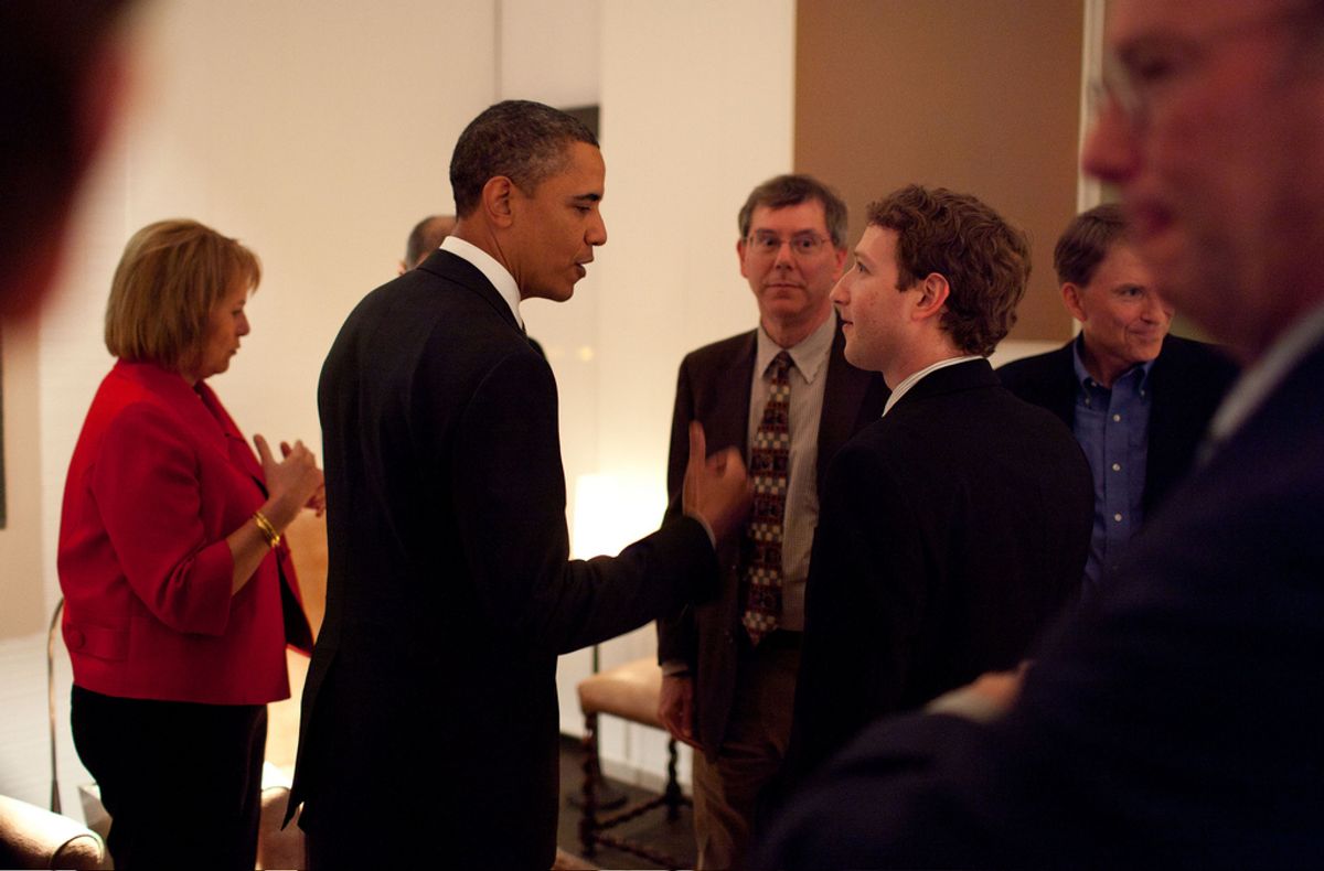President Barack Obama talks with Facebook CEO Mark Zuckerberg before a dinner with Technology Business Leaders in Woodside, California, Feb. 17, 2011.
 (Official White House Photo by Pete Souza)
This official White House photograph is being made available only for publication by news organizations and/or for personal use printing by the subject(s) of the photograph. The photograph may not be manipulated in any way and may not be used in commercial or political materials, advertisements, emails, products, promotions that in any way suggests approval or endorsement of the President, the First Family, or the White House.   (The White House)