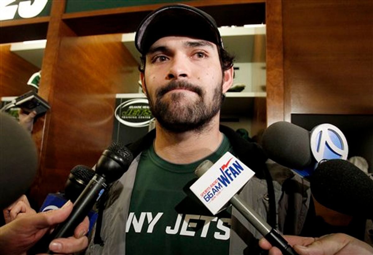 New York Jets quarterback Mark Sanchez talks to reporters before cleaning out his locker, Monday, Jan. 24, 2011 in Florham Park, N.J. The Jets lost to the Pittsburgh Steelers 24-19 in the AFC championship a day earlier. (AP Photo/Julio Cortez) (AP)