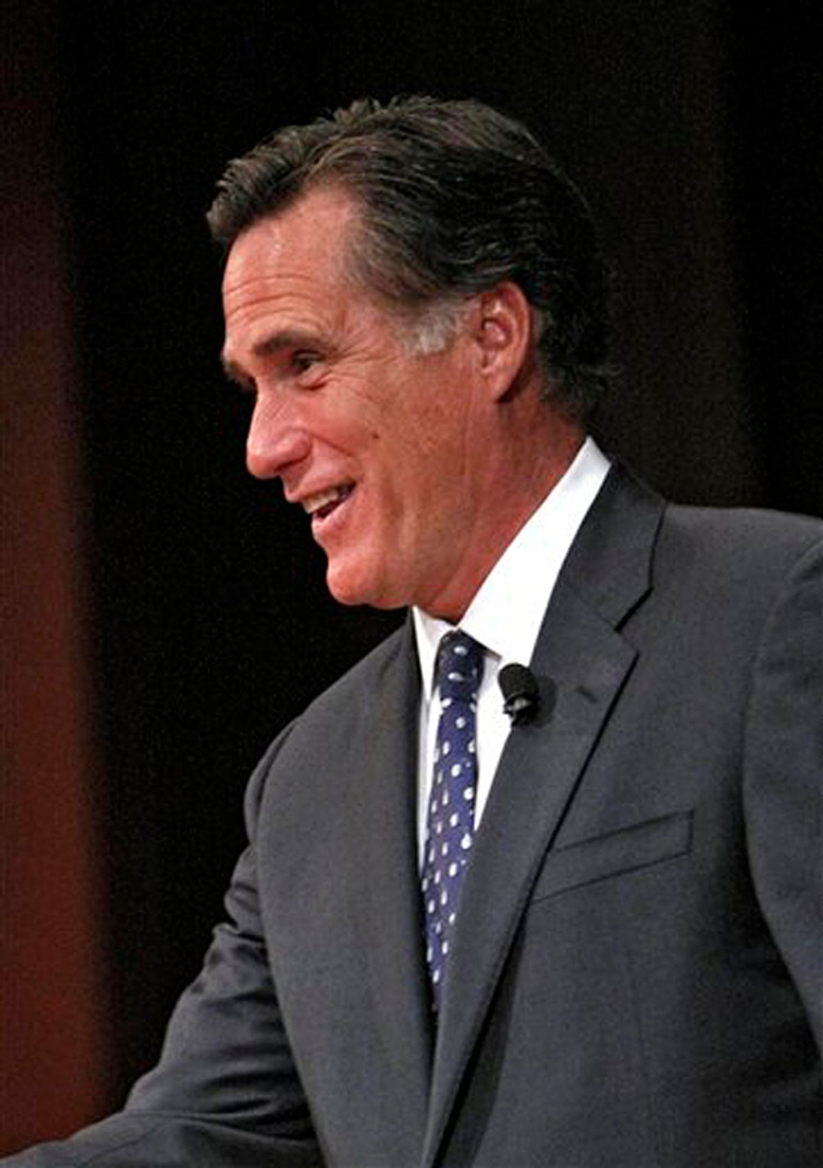 Former Massachusetts Governor Mitt Romney points to a friend in the audience before speaking in the Chase Auditorium in Chicago on Wednesday,  March 24, 2010. (AP Photo/Charles Cherney) (Charles Cherney)