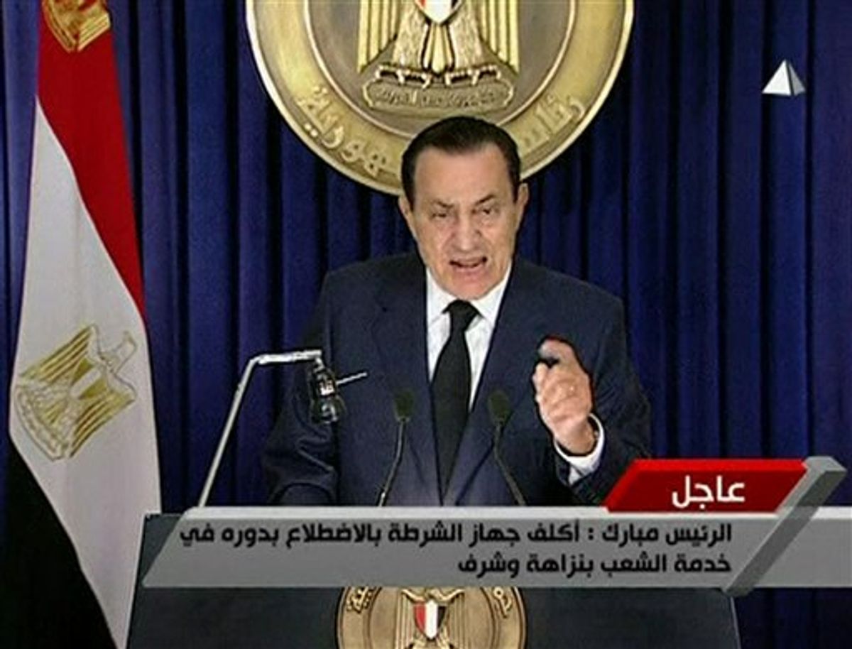 In this image from Egyptian state television  aired Tuesday evening Feb 1 2011, Egyptian President Hosni Mubarak makes what has been billed as an important speech.  Mubarak has faced a week of public and international pressure to step down from the role he has held for 30 years, culminating in a  day when a quarter-million people turned in the largest protest yet to demand his ouster. (AP Photo/Egyptian state television via APTN) EGYPT OUT TV OUT  (AP)