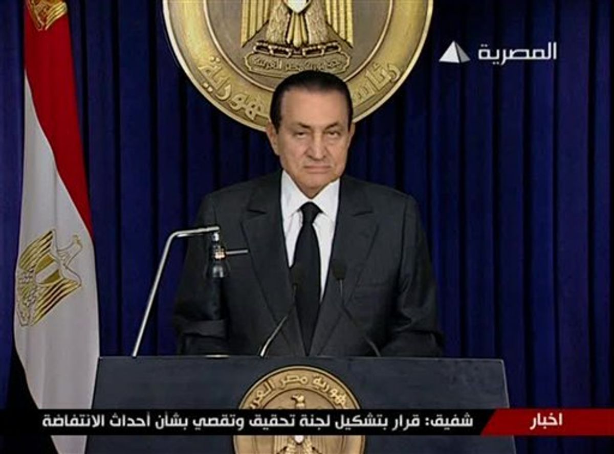 Egyptian President Hosni Mubarak begins to make a televised statement to his nation in this image taken from TV aired Thursday Feb. 10, 2011. Following more than two weeks of protests, anti-government demonstrators have been given hope by official statements suggesting that President Mubarak may step down after 30 years in power.  (AP Photo/ Egypt TV via APTN)  EGYPT OUT TV OUT  (AP)