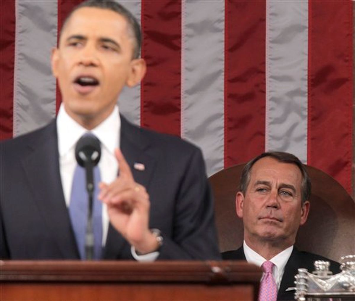 House Speaker John Boehner of Ohio watches as President Barack Obama delivers his State of the Union address on Capitol Hill in Washington, Tuesday, Jan. 25, 2011.  (AP Photo/Pablo Martinez Monsivais, Pool) (AP)