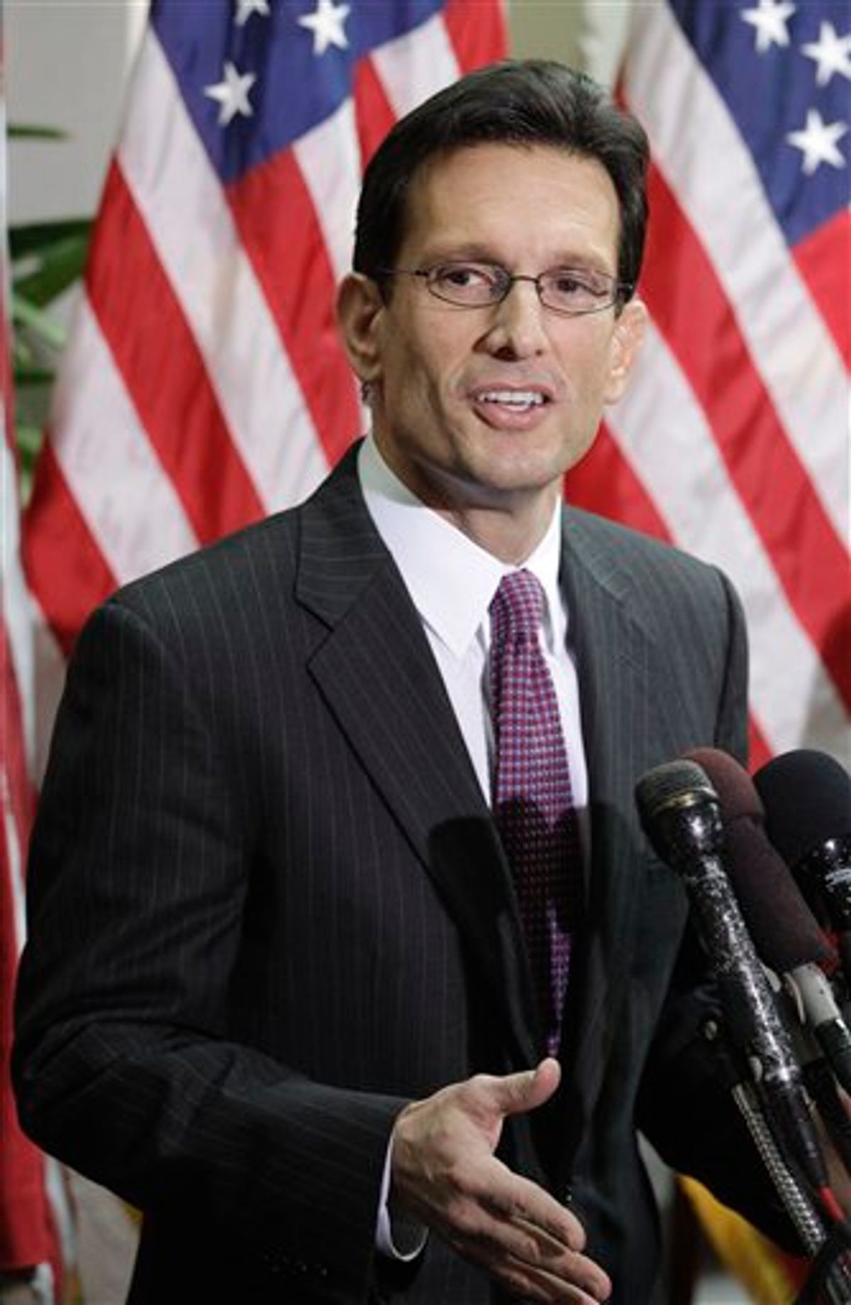 House Majority Leader Eric Cantor of Va., speaks to reporters on Capitol Hill in Washington, Tuesday, Jan. 25, 2011, after a closed GOP caucus meeting ahead of President Barack Obama's State of the Union speech. (AP Photo/Charles Dharapak)  (AP)