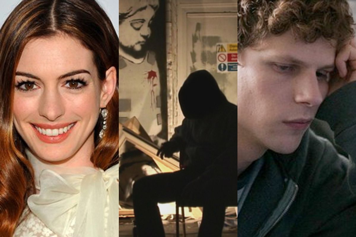 Anna Hathaway and stills from "Exit Through The Gift Shop" and "Social Network"