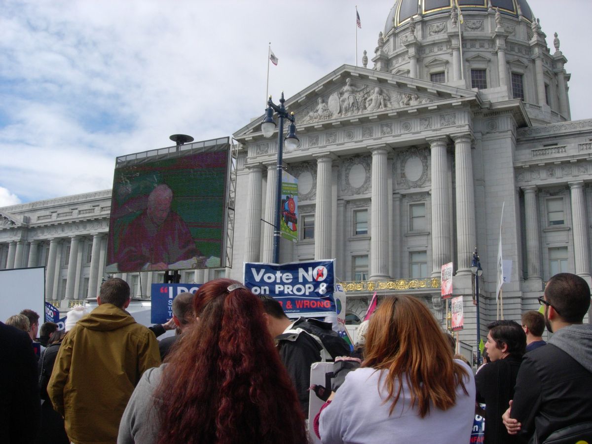 Prop 8 protesters gather outside the California Supreme Court in San Francisco to watch proceedings in 2009. 