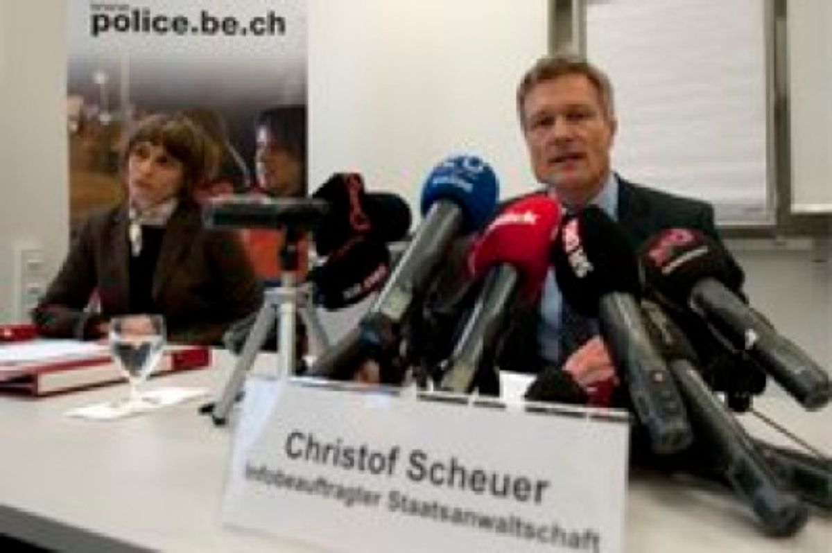 Christof Scheurer, spealer of the public prosecutor's office, right, speaks, while Gabriele Berger, the head of Bern police's special investigations unit, listens  at a press conference in Bern Tuesday, Feb. 1, 2011. A 54-year-old man has admitted sexually abusing more than 100 mentally disabled children and adults in care homes in Switzerland and Germany during almost three decades, in what Swiss police described Tuesday as an unprecedented case.  The abuse took place in nine different care homes where the unidentified man had worked as a therapist since 1982, police in the canton (state) of Bern said. The head of Bern police's special investigations unit, Gabriele Berger, told a news conference in Bern that the evidence against the man includes photos and hours of video recording the abuse.  (AP Photo/Keystone/Peter Schneider) (AP)
