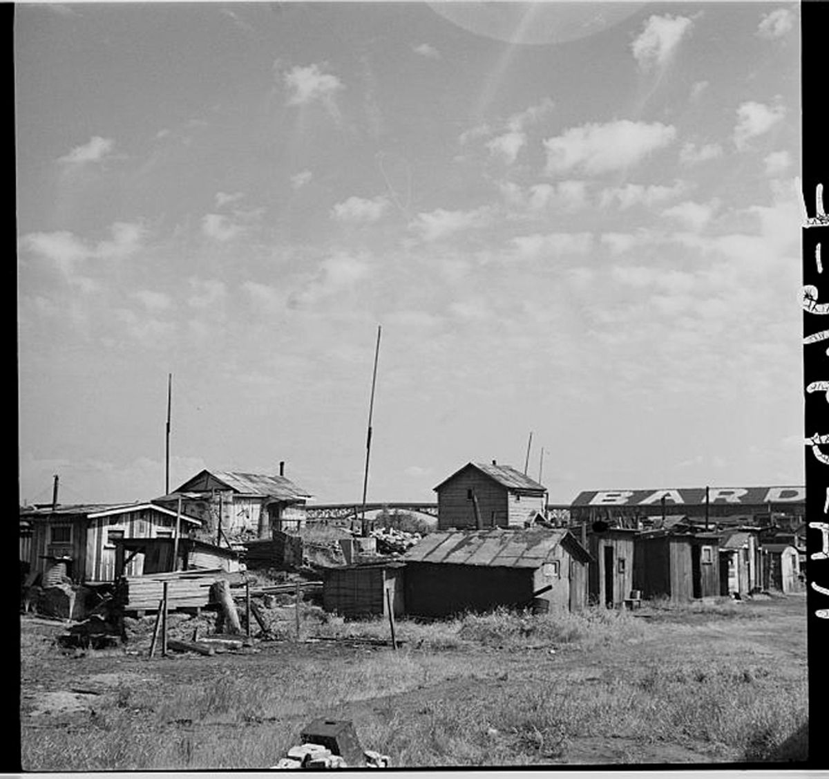 Squatters' shacks along the Willamette River, Portland, Oregon in 1936. 