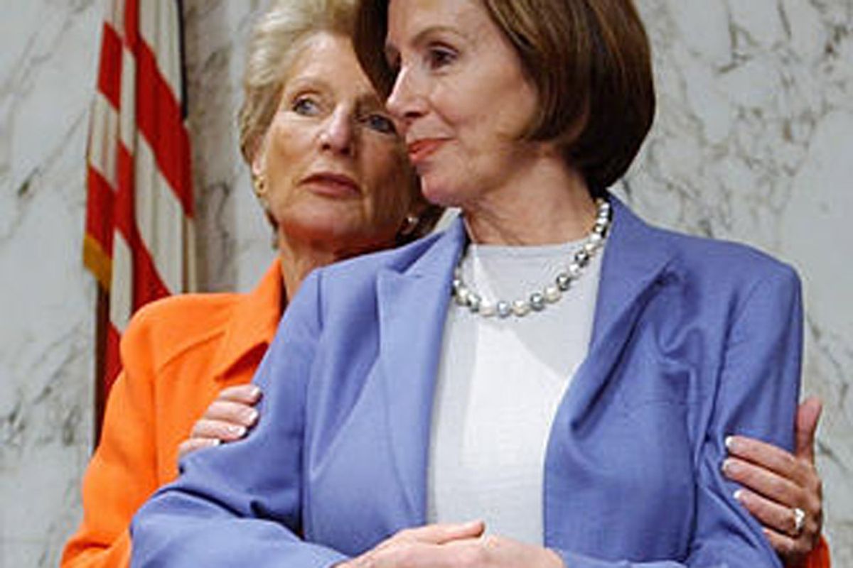 Rep. Jane Harman, D-Calif., left, and Rep. Nancy Pelosi, D-Calif., confer before the start of the House and Senate Select Intelligence committees' final hearing investigating events leading up to the Sept. 11 , Thursday, Oct. 17, 2002, on Capitol Hill, in Washington. (AP Photo/Ken Lambert) (Ken Lambert)