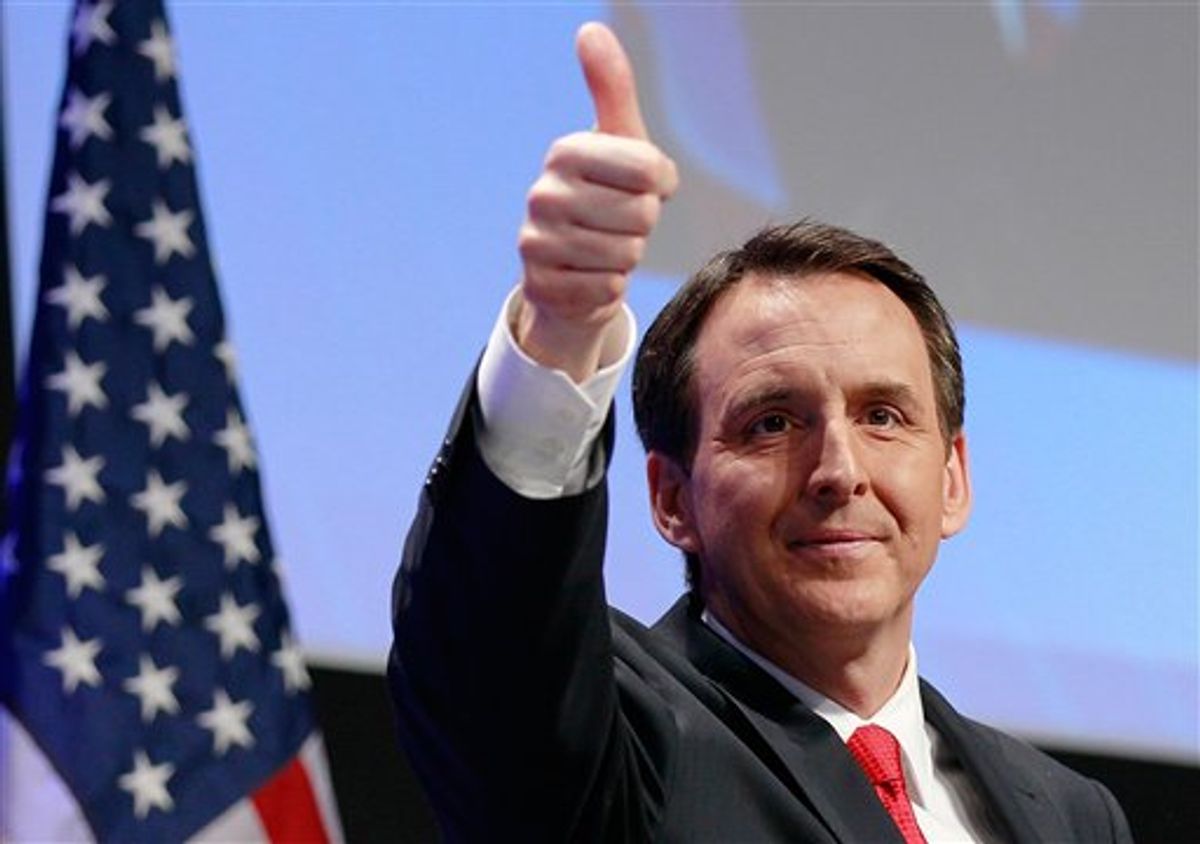 Former Minnesota Gov. Tim Pawlenty, gives thumbs up after speaking at the Conservative Political Action Conference (CPAC) in Washington, Friday, Feb. 11, 2011.(AP Photo/Alex Brandon)  (AP)