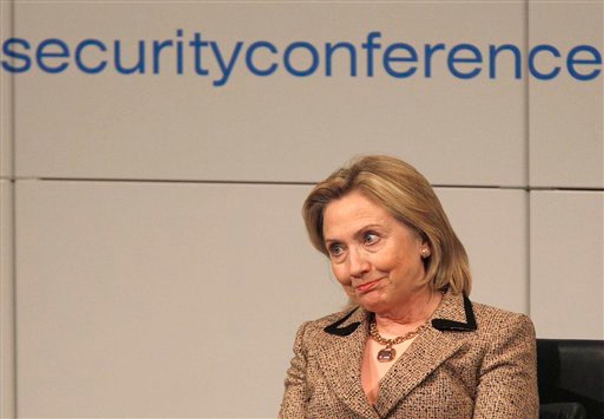 US Secretary of State Hillary Rodham Clinton  reacts at a panel discussion during the Conference on Security Policy in Munich, Germany, Saturday, Feb. 5, 2011.   (AP Photo/Frank Augstein) (AP)