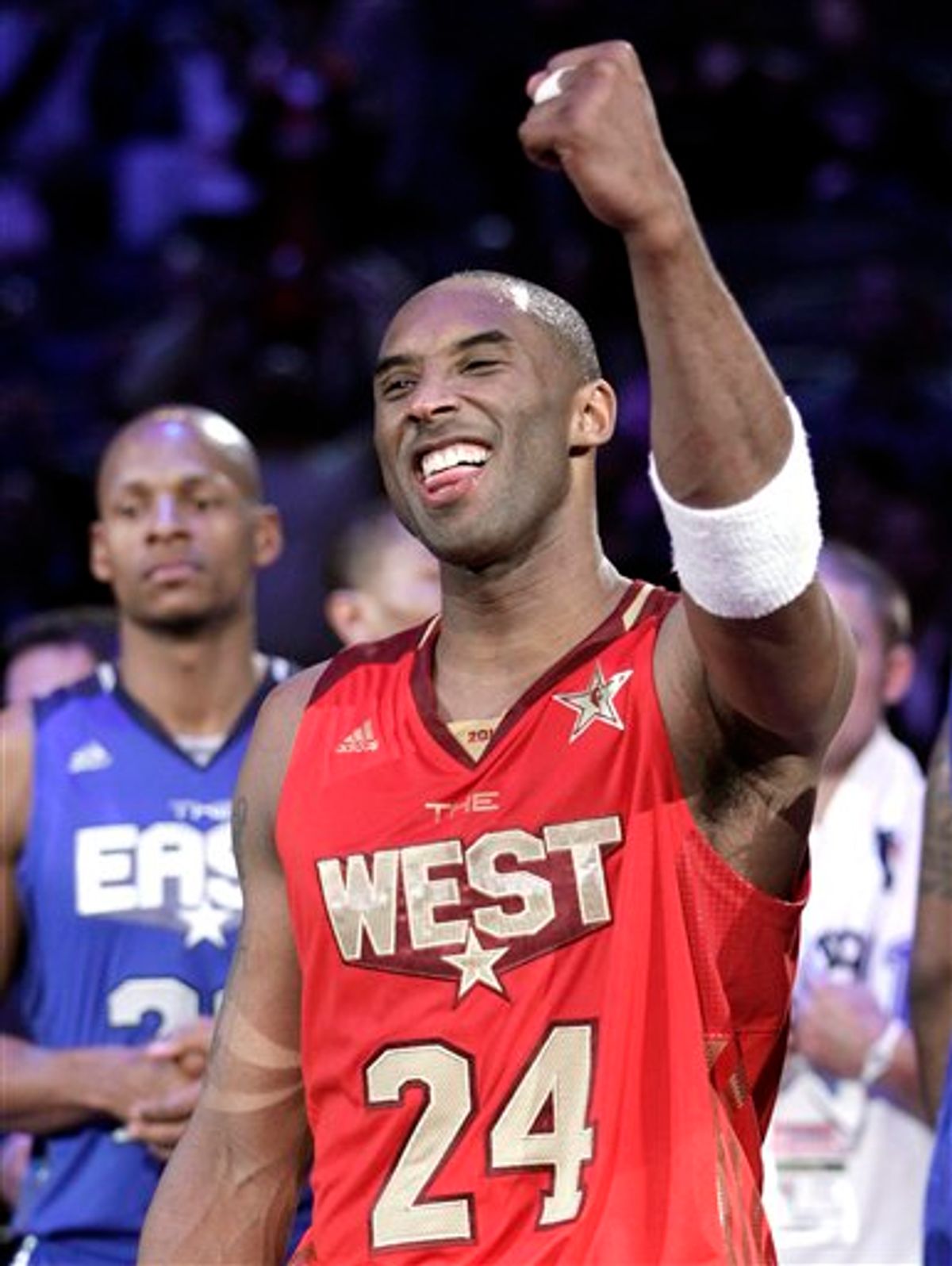 West's Kobe Bryant celebrates his team's 148-143 win against the East All-Star team after the NBA basketball All-Star Game in Los Angeles, Sunday, Feb. 20, 2011. (AP Photo/Jae C. Hong)  (AP)