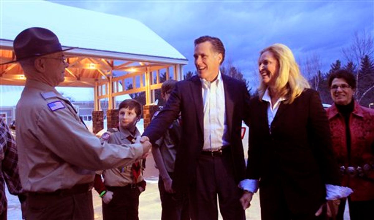 Former Massachusetts Gov. Mitt Romney, center, and his wife, Ann, are greeted Saturday, March 5, 2011, in Bartlett, N.H. Romney was the keynote speaker at the Carroll County Republican Committee Lincoln Day Dinner. (AP Photo/Jim Cole) (AP)