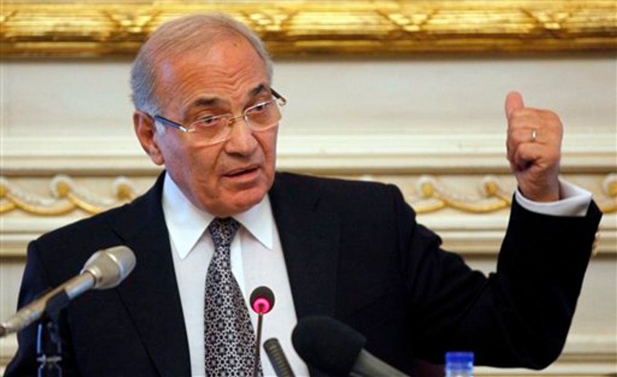 FILE - In this Feb. 3, 2011, file photo Egypt's recently appointed Prime Minister Ahmed Shafiq speaks to the media at the Ministry of the Interior in Cairo, Egypt. Egypt's military rulers say Thursday March 3, 2011 Egyptian Prime Minister Ahmed Shafiq has resigned. Shafiq, a former air force officer, was named prime minister by ousted president Hosni Mubarak shortly after the outbreak on Jan. 25 of massive anti-government protests. (AP Photo/Victoria Hazou, File) (Associated Press)