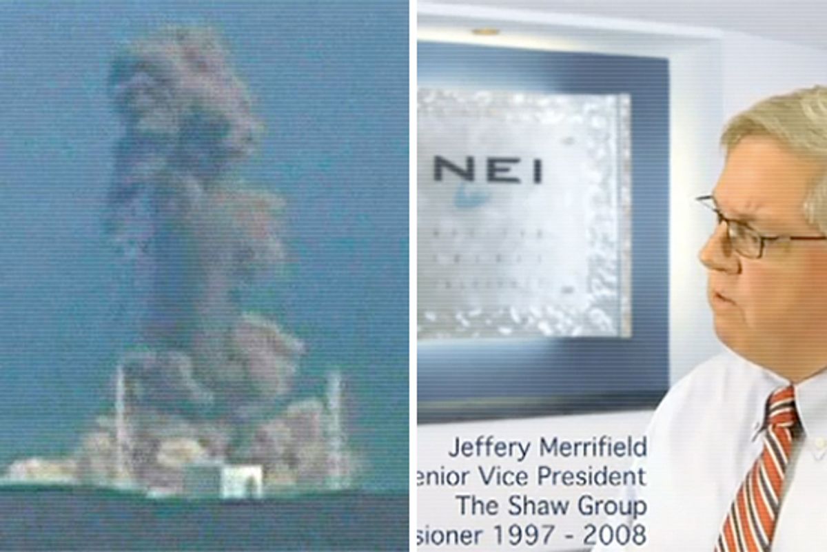 In this image made off Japan's NTV/NNN Japan television footage, smoke ascends from the Fukushima Daiichi nuclear plant's Unit 3 in Okumamachi, Fukushima Prefecture, northern Japan, March 14, 2011. Right: Jeff Merrifield