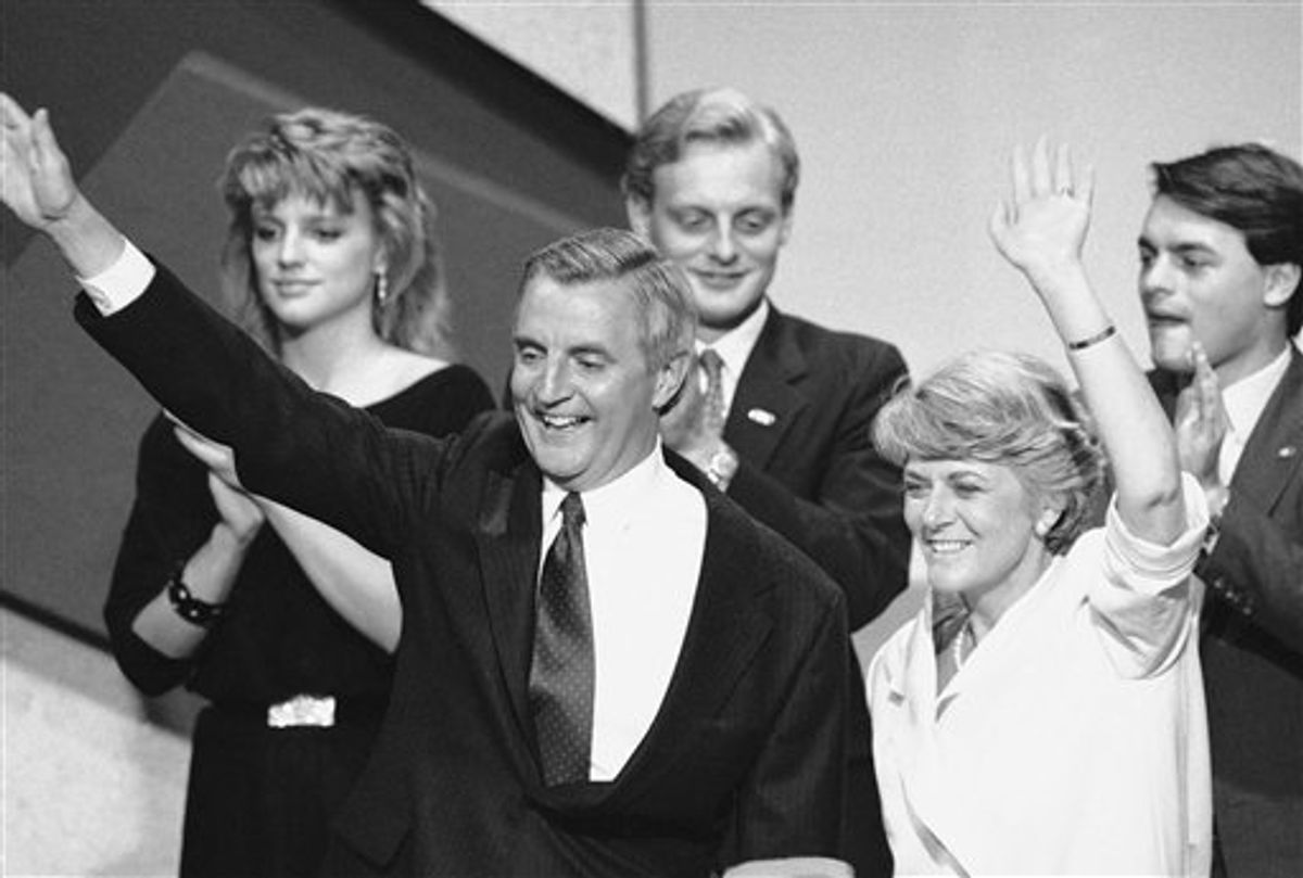 FILE - In this Thursday, July 19, 1984 file picture, Democratic presidential nominee Walter Mondale, center, and his running mate Geraldine Ferraro, right, wave from the podium at the conclusion of the final session of the Democratic National Convention in San Francisco, Calif.  In background are Mondale's children, from left, Eleanor Mondale, Ted Mondale and William Mondale. The first woman to run for U.S. vice president on a major party ticket has died. Geraldine Ferraro was 75. A family friend said Ferraro, who was diagnosed with blood cancer in 1998, died Saturday, March 26, 2011 at Massachusetts General Hospital. (AP Photo/File) (AP)
