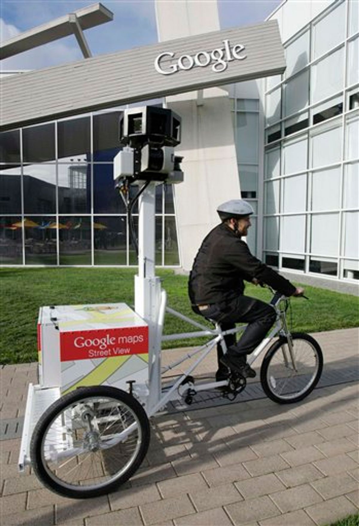 In this photo taken March 7, 2011, Matt Potter of Google pedals Goggle's new Street View Tricycle at Google headquarters in Mountain View, Calif. France's privacy watchdog has handed down its largest fine ever against Google Monday, March 21, 2011, for improperly gathering and storing potentially sensitive data from Wi-Fi networks for its Street View application. (AP Photo/Paul Sakuma) (AP)