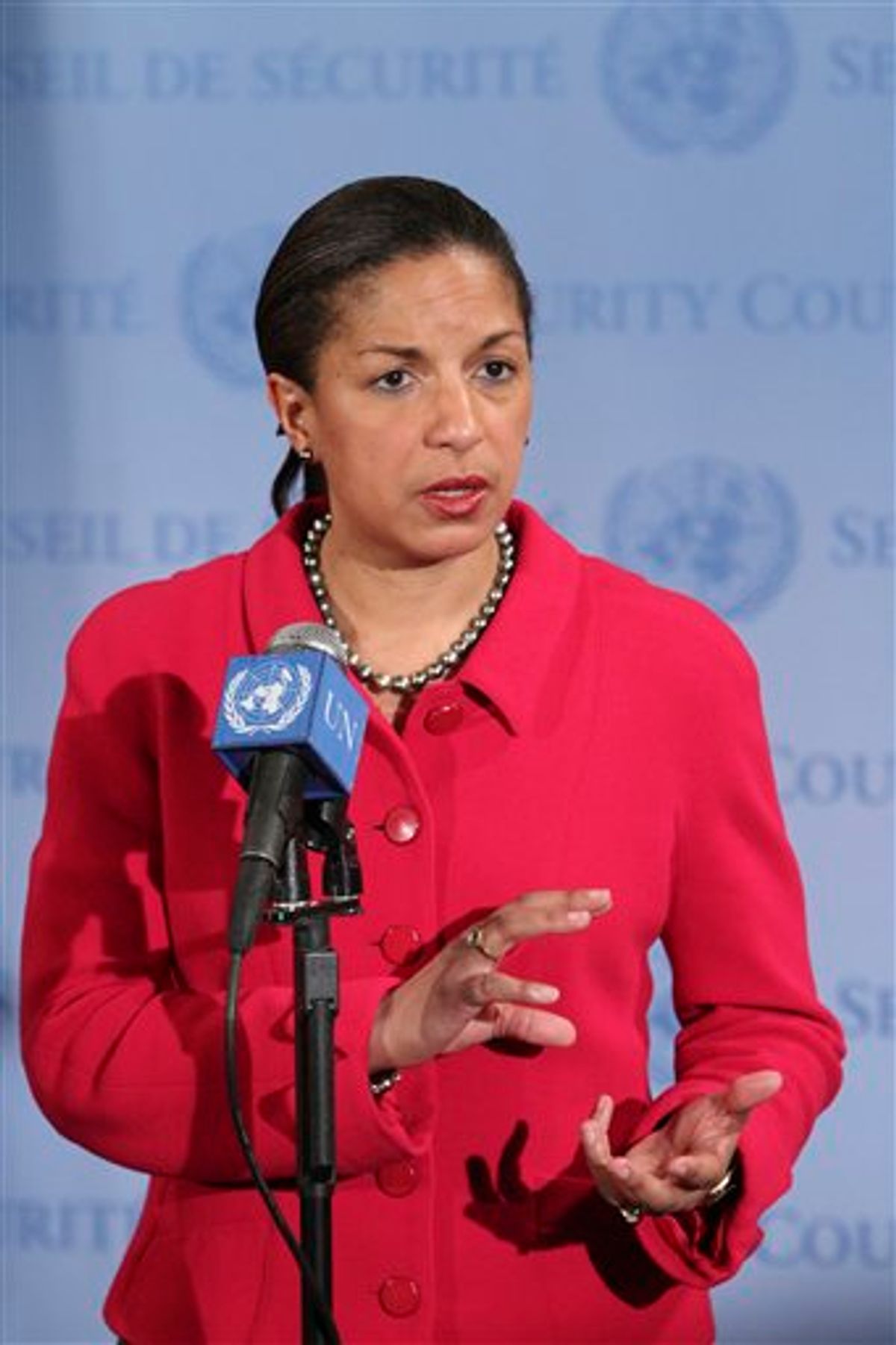 American Ambassador to the U.N. Susan Rice speaks to reporters after a Security Council meeting on the situation in Libya, Wednesday, March 16, 2011 at United Nations headquarters.  (AP Photo) (AP)