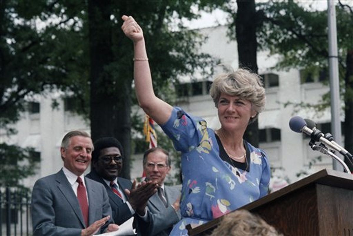 FILE - In this Wednesday, Aug. 1, 1984 file picture, Democratic Vice Presidential candidate Geraldine Ferraro gives the thumbs-up sign to a crowd of supporters in downtown Jackson, Miss. as Walter Mondale and Ferraro kicked off their 1984 campaign in this Southern city. Behind Ferraro are Mondale, state Rep. Robert Clark and former Gov. William Winter. The first woman to run for U.S. vice president on a major party ticket has died. Geraldine Ferraro was 75. A family friend said Ferraro, who was diagnosed with blood cancer in 1998, died Saturday, March 26, 2011 at Massachusetts General Hospital. (AP Photo/Ron Frehm, File) (AP)