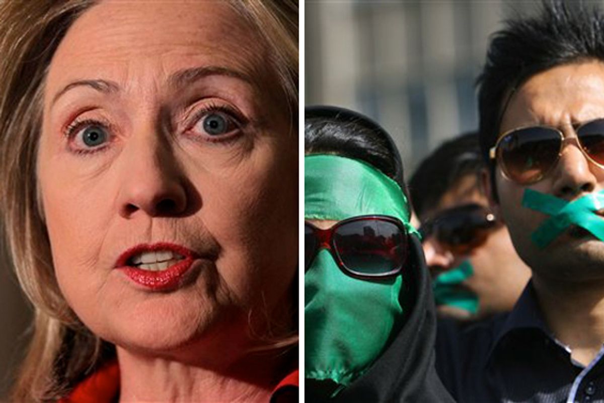 Secretary of State Hillary Clinton. Right: supporters of opposition leader Mir Hossein Mousavi listen to his speech at a demonstration in Tehran on Thursday June, 18, 2009.
