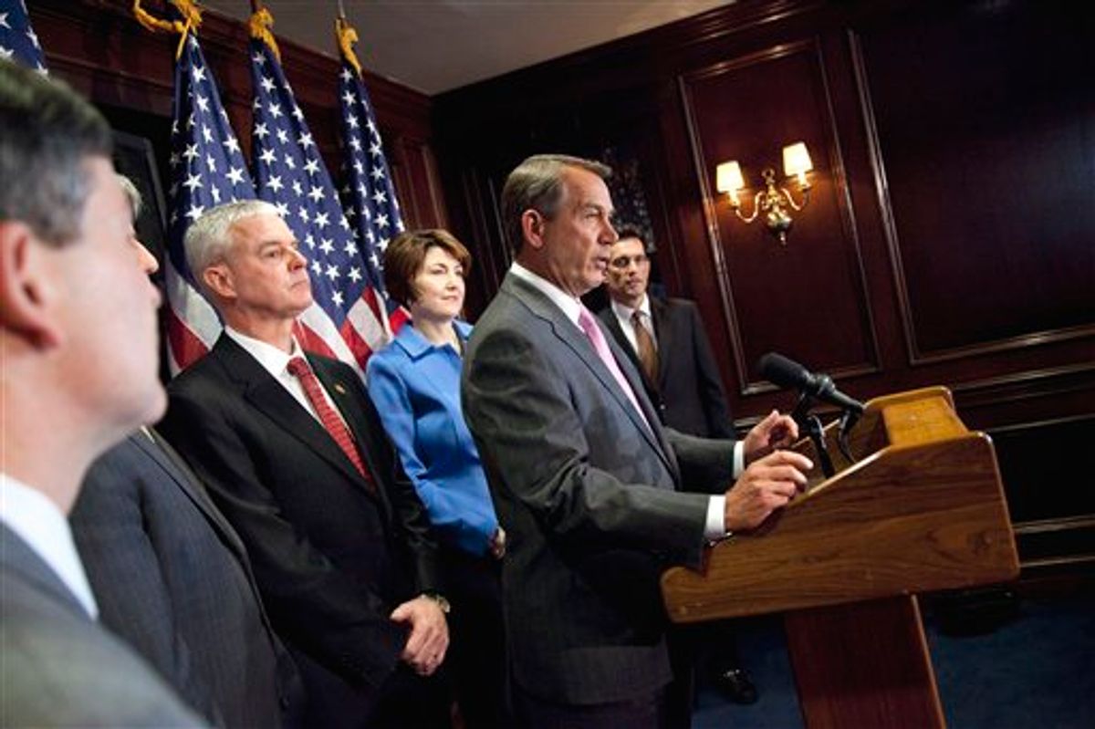 ** CORRECTS TO REP. STEVE WOMACK, R-ARK., SECOND FROM LEFT ** House Speaker John Boehner of Ohio, second from right, speaks during a news conference on Capitol Hill in Washington, Tuesday, March 1, 2011. From left are, Rep. Jeb Hensarling, R-Texas, Rep. Steve Womack, R-Ark., Boehner, Rep. Cathy McMorris Rodgers, R- Wash., Boehner, and House Majority Leader Eric Cantor of Va.  (AP Photo/Evan Vucci)     (AP)