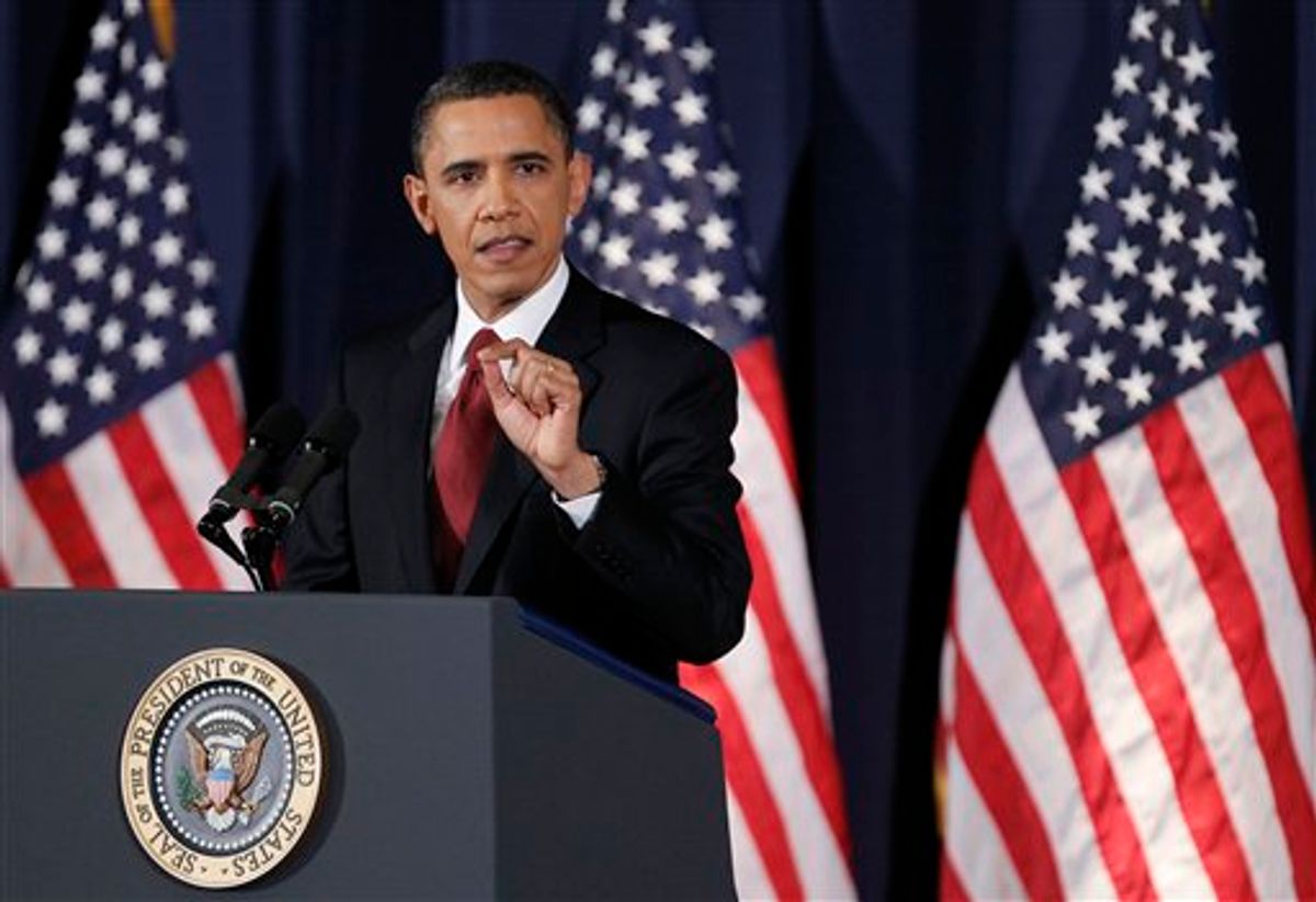 President Barack Obama delivers his address on Libya at the National Defense University in Washington, Monday, March 28, 2011.    (AP Photo/Manuel Balce Ceneta) (AP)