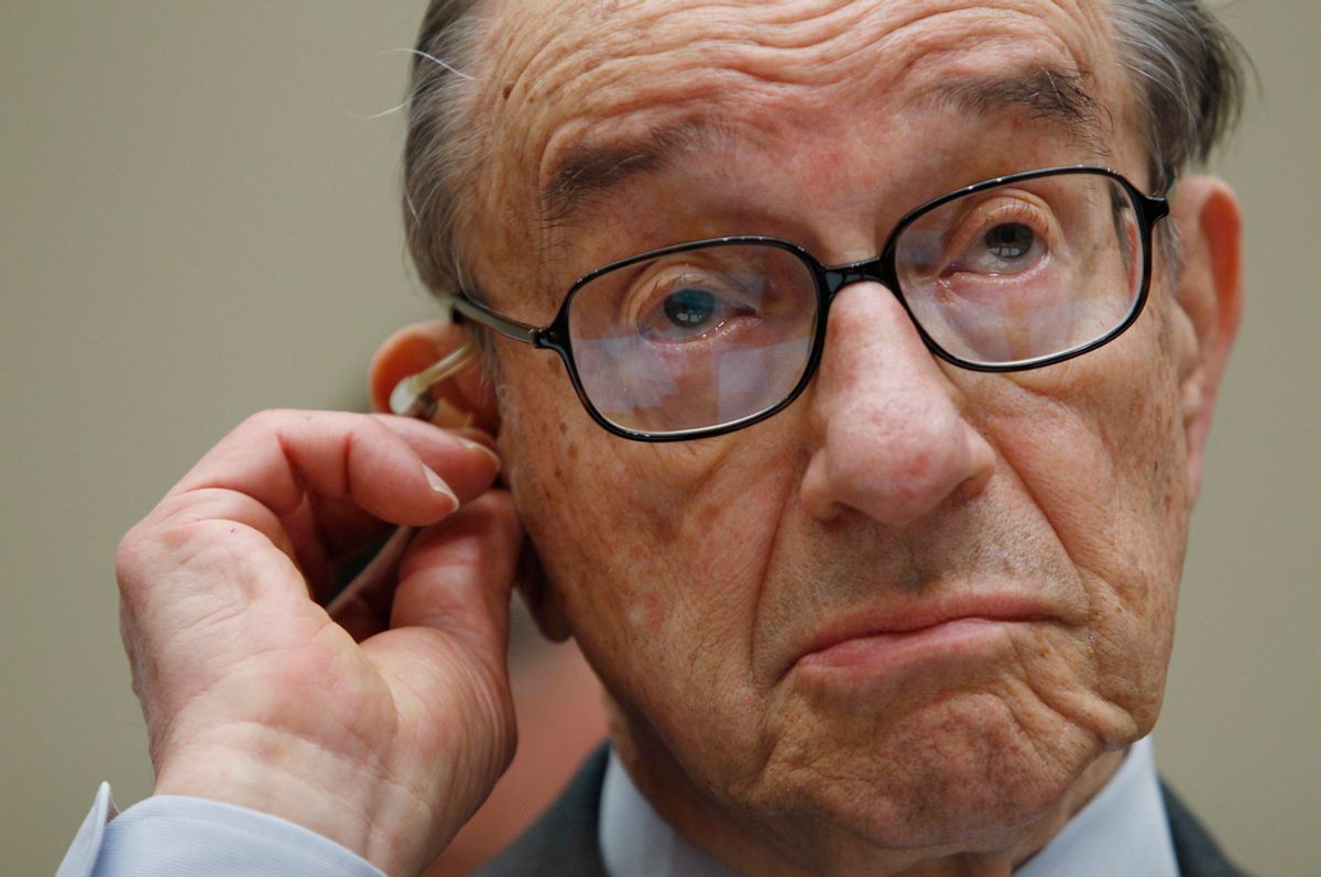Former Federal Reserve Board chairman Alan Greenspan listens to opening statements as he testifies before the Financial Crisis Inquiry Commission hearing on Capitol Hill in Washington, April 7 , 2010. Making it easier for poorer Americans to get mortgages didn't push the country into crisis but Wall Street's drive to package the loans into opaque securities helped do so, Greenspan said on Wednesday.     REUTERS/Kevin Lamarque  (UNITED STATES - Tags: POLITICS BUSINESS IMAGES OF THE DAY) (Â© Kevin Lamarque / Reuters)