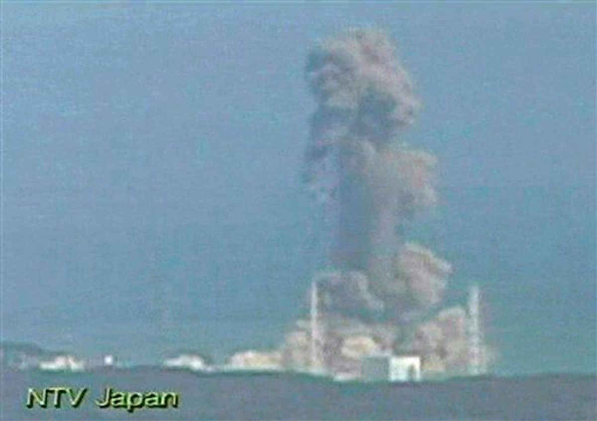 In this image made off Japan's NTV/NNN Japan television footage, smoke ascends from the Fukushima Dai-ichi nuclear plant's Unit 3 in Okumamachi, Fukushima Prefecture, northern Japan, Monday, March 14, 2011. The second hydrogen explosion in three days rocked Japan's stricken nuclear plant Monday, sending a massive column of smoke into the air and wounding 11 workers. (AP Photo/NTV/NNN Japan) MANDATORY CREDIT, JAPAN OUT, TV OUT, NO SALES, EDITORIAL USE ONLY (AP)