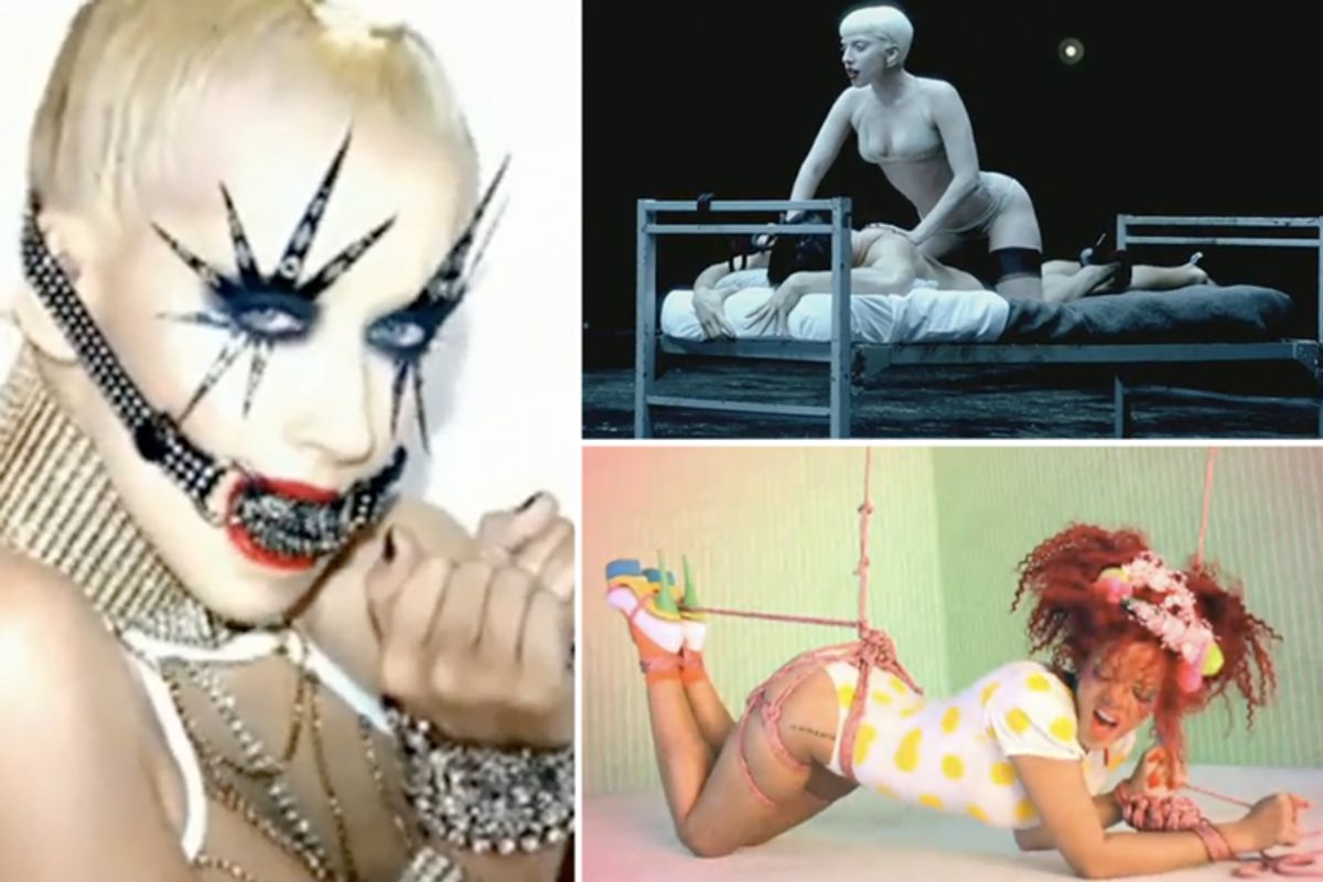 Stills from the music videos for "Not Myself Tonight," "Alejandro" and "S&amp;M"
