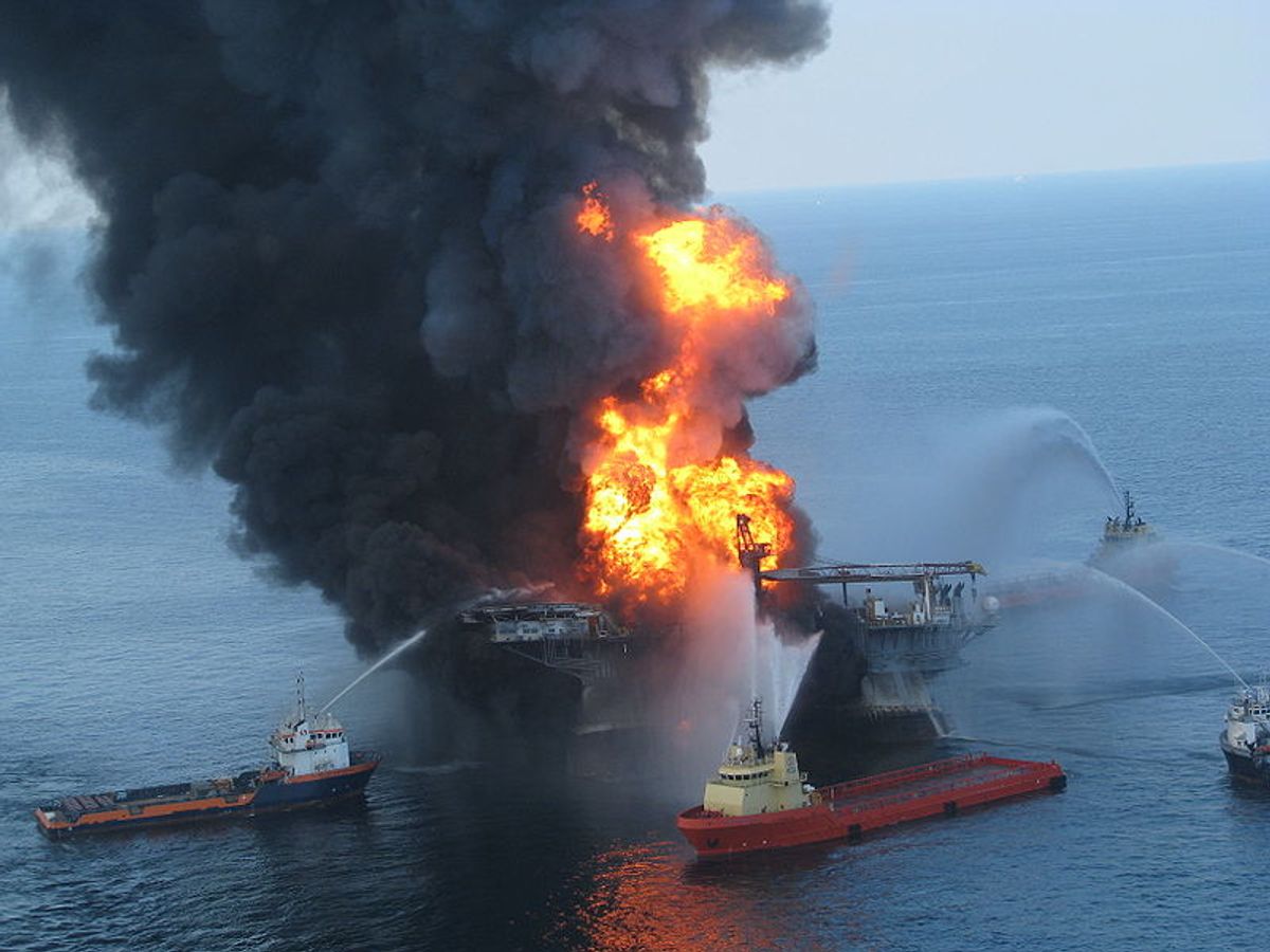 Deepwater Horizon rig in flames, last April.  