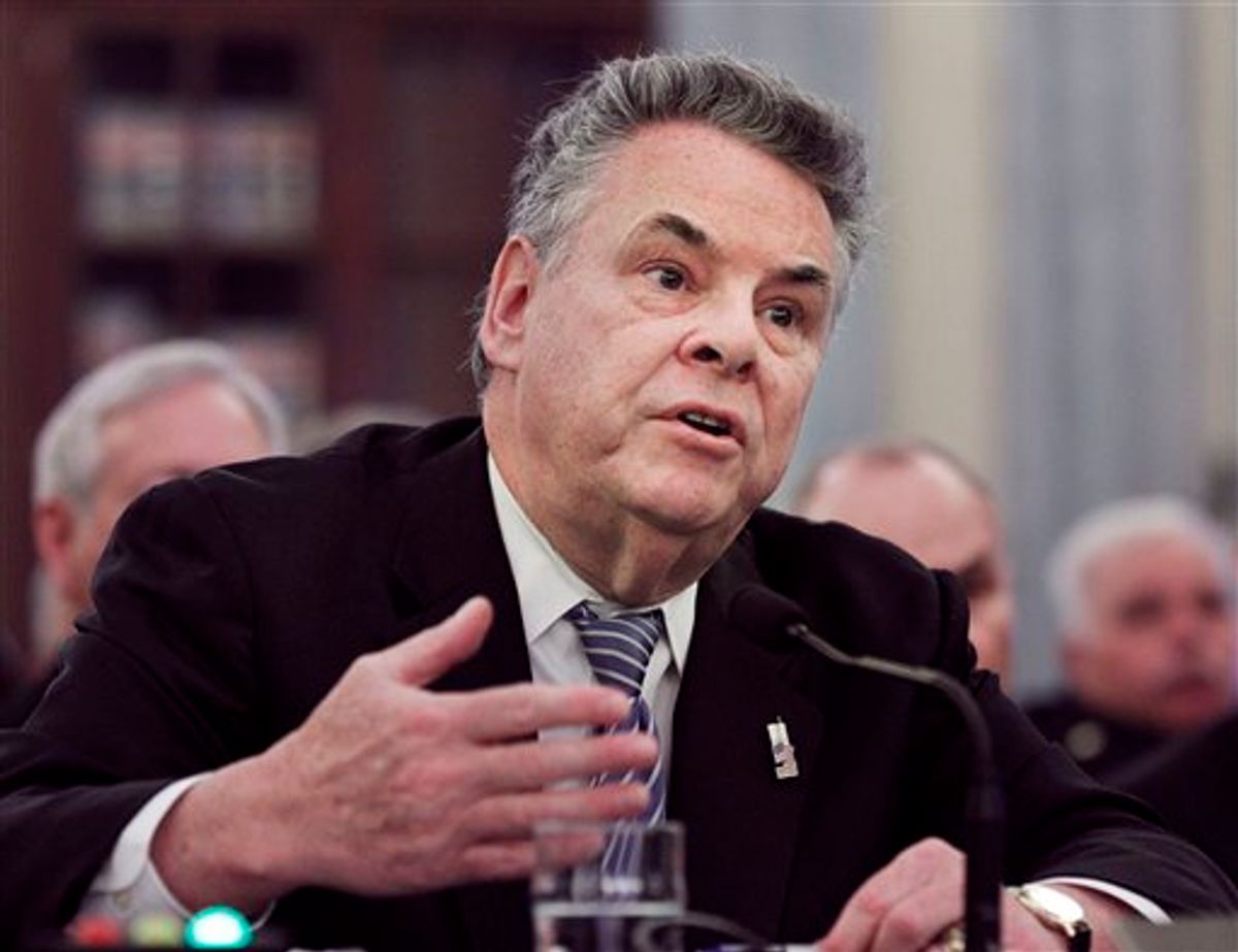 FILE - House Homeland Security Committee Chairman Rep. Peter King, R-N.Y. testifies  on Capitol Hill in Washington, in this Feb. 16, 2011 file photo. A coalition of over 100 interfaith, nonprofit and governmental organizations plans to rally in New York City Sunday March 6, 2011 against a planned congressional hearing scheduled by U.S. Rep. Peter J. King of New York on Muslims' role in homegrown terrorism.   (AP Photo/Manuel Balce Ceneta, File) (AP)