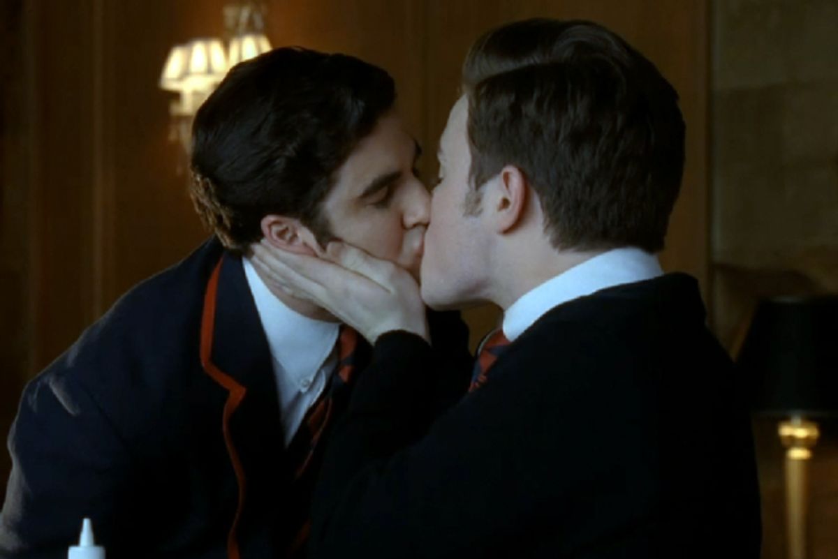 Blaine (Darren Criss) and Kurt (Chris Colfer) finally kiss on "Glee."