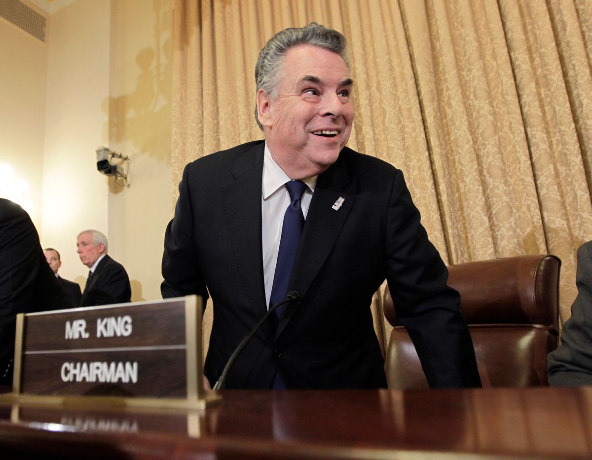 Rep. Peter King, R-N.Y., chairman of the House Homeland Security Committee, arrives to begin hearings on Capitol Hill in Washington, Thursday, March 10, 2011.  Under heightened security, King opened hearings into Islamic radicalization in America, dismissing what he called the "rage and hysteria" surrounding the hearings. (AP Photo/J. Scott Applewhite)             (Associated Press)