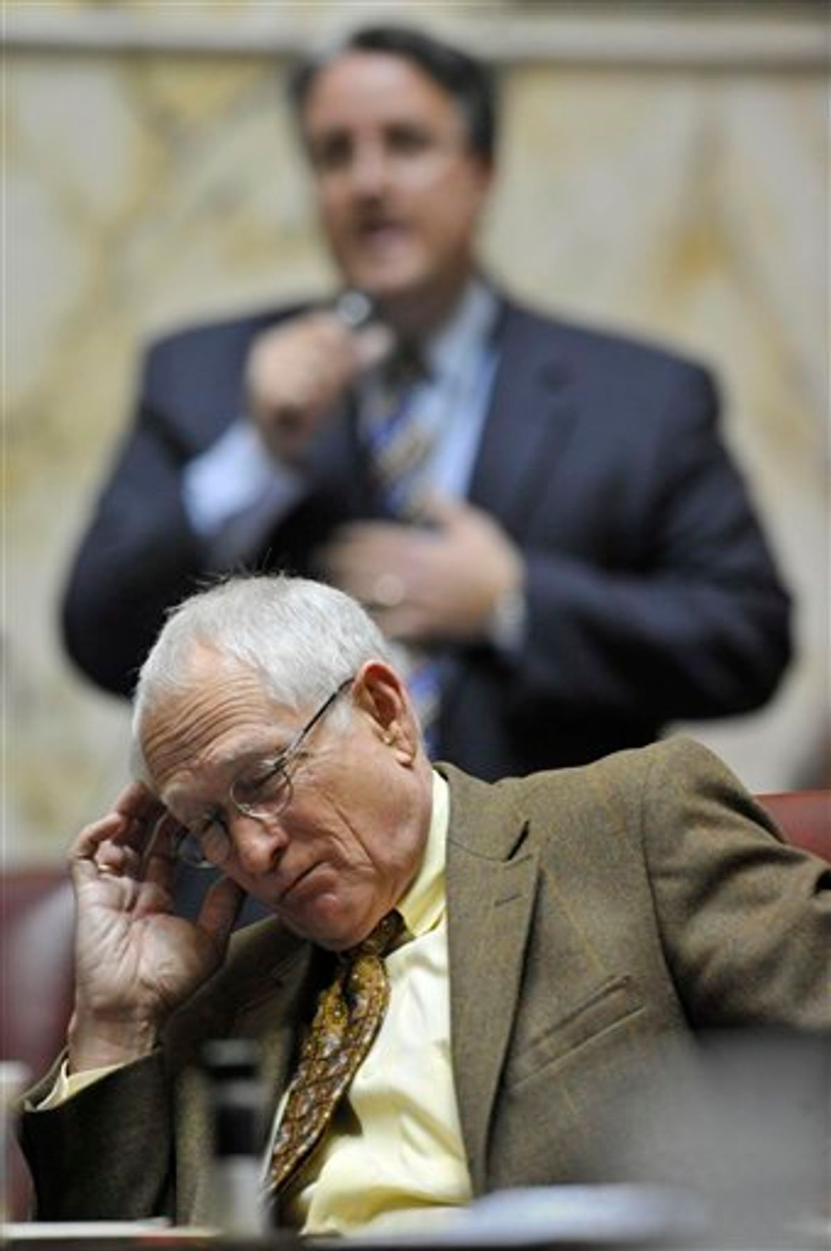 Sen. Richard Madeleno, D-Montgomery County, and the Senate's only openly gay member, speaks behind John Astle, D-Anne Arundel Co., in support of  the gay marriage bill on the State Senate floor Thursday, Feb. 24, 2011 in Annapolis, Md. (AP Photo/Gail Burton)  (AP)