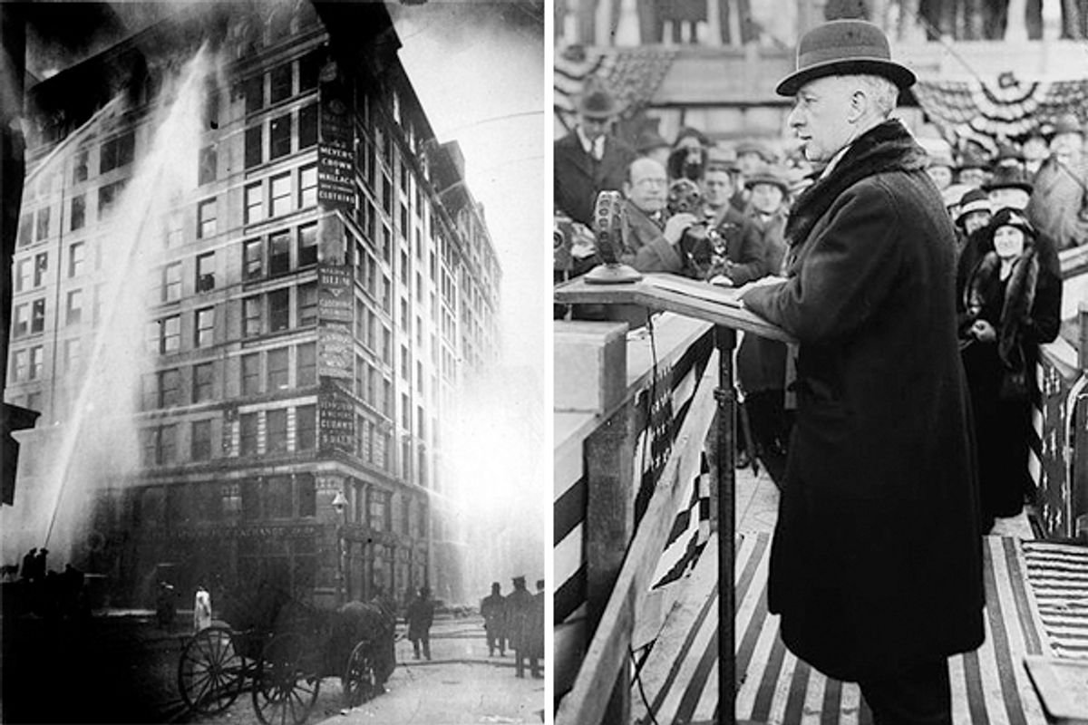 The Triangle Shirtwaist Factory fire of March 25th, 1911. Right: Governor Al Smith during his 1928 campaign for President.
