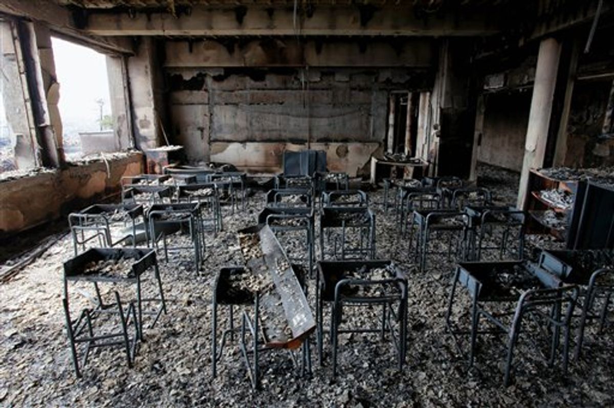In this Sunday, March 20, 2011 photo, a classroom burned by a fire is seen in the March 11 earthquake and tsunami-destroyed city of  Ishinomaki, northern Japan.(AP Photo/Mainichi Shimbun, Takashi Morita) JAPAN OUT, NO SALES, MANDATORY CREDIT (AP)