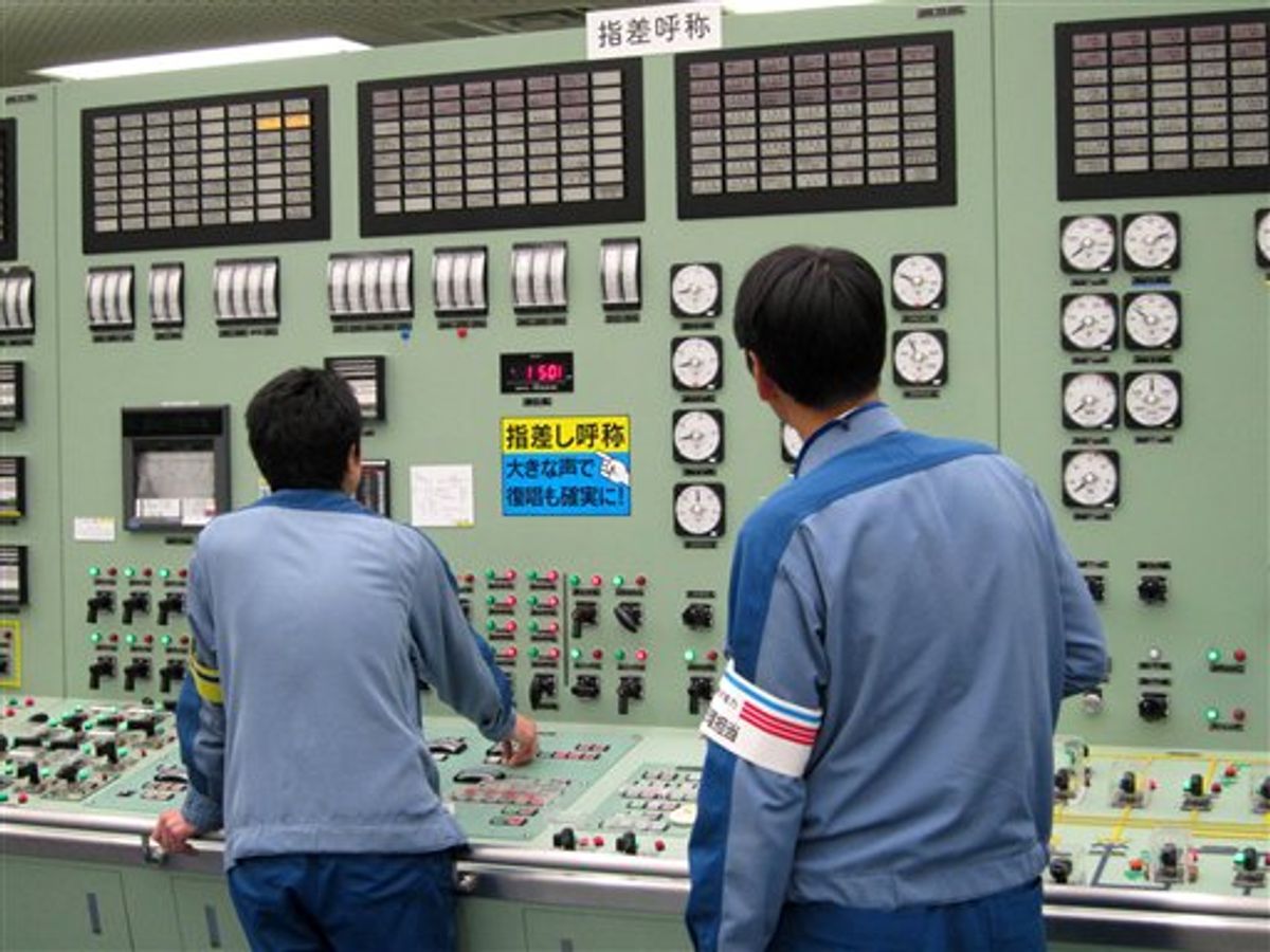 In this Sept. 2010 photo, Tokyo Electric Power Co. workers are seen at work at the central control room of reactor Unit 3 of the Fukushima Dai-ichi nuclear complex at Okumamachi, northeastern Japan. (AP Photo/Tokyo Electric Power Co. via Kyodo News) JAPAN OUT, MANDATORY CREDIT, NO LICENSING IN CHINA, HONG KONG, JAPAN, SOUTH KOREA AND FRANCE (AP)