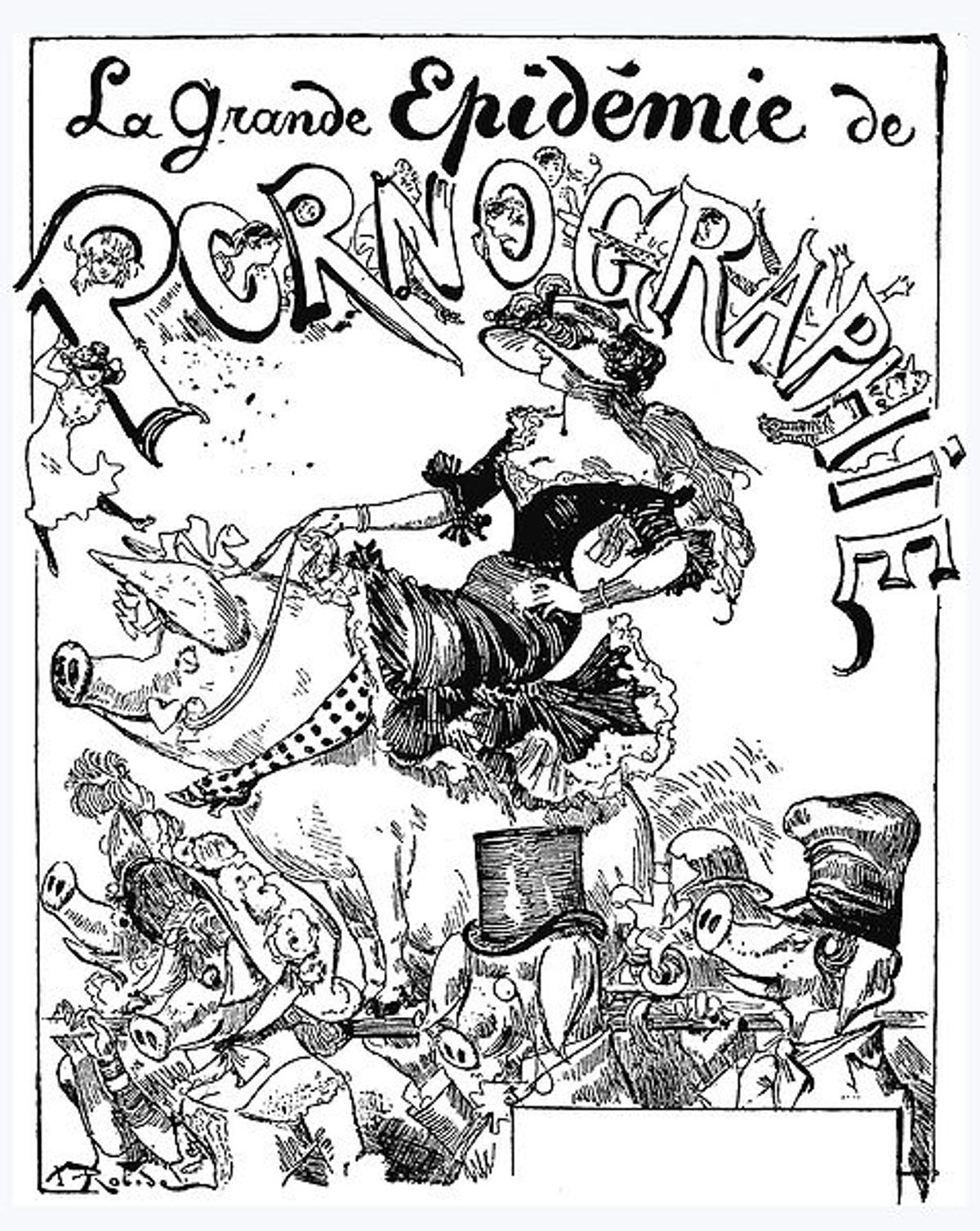Caricature on "The great epidemic of pornography". From 19th-century French illustration Le Courrier Francais.