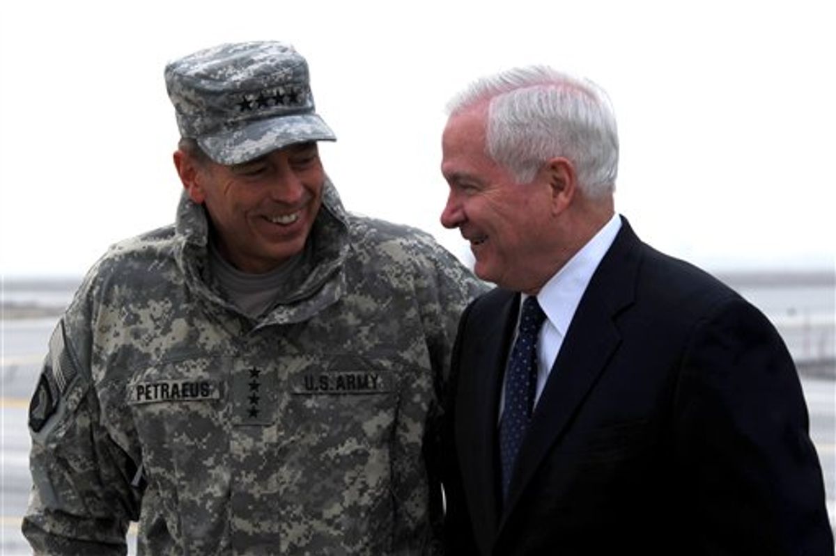 Defense Secretary Robert M. Gates, right, talks with Gen. David Petreaus upon his arrival in Kabul, Afghanistan, Monday March 7, 2011.  (AP Photo/Defense Department/Cherie Cullen)  (AP)