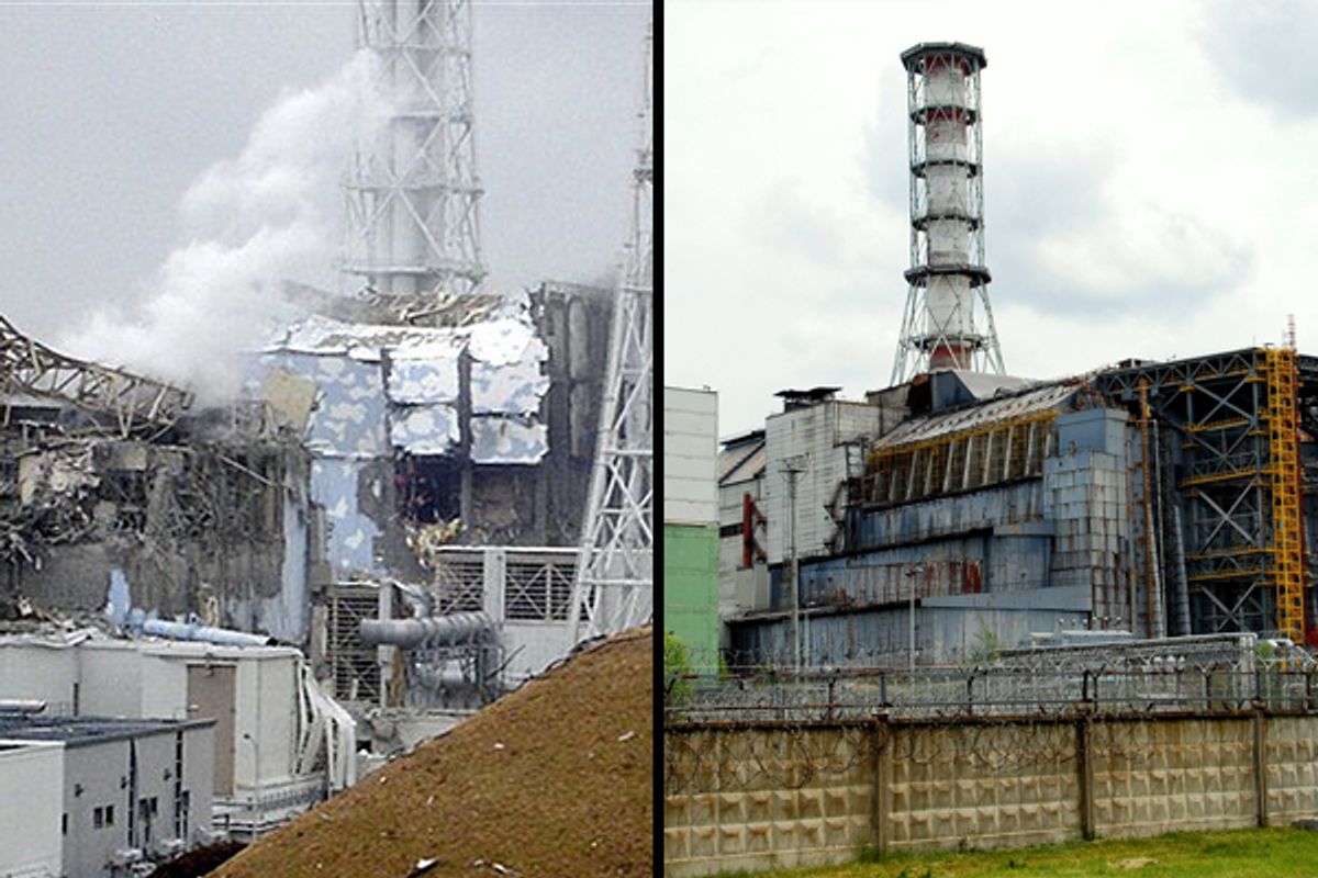 The damaged No. 4 unit of the Fukushima Dai-ichi nuclear complex in Okumamachi, northeastern Japan, on Tuesday March 15, 2011. White smoke billows from the No. 3 unit. Right: The Chernobyl site in 2008.