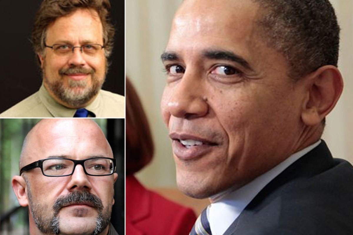 Clockwise from lower left: Andrew Sullivan, Andrew Rosenthal and Barack Obama