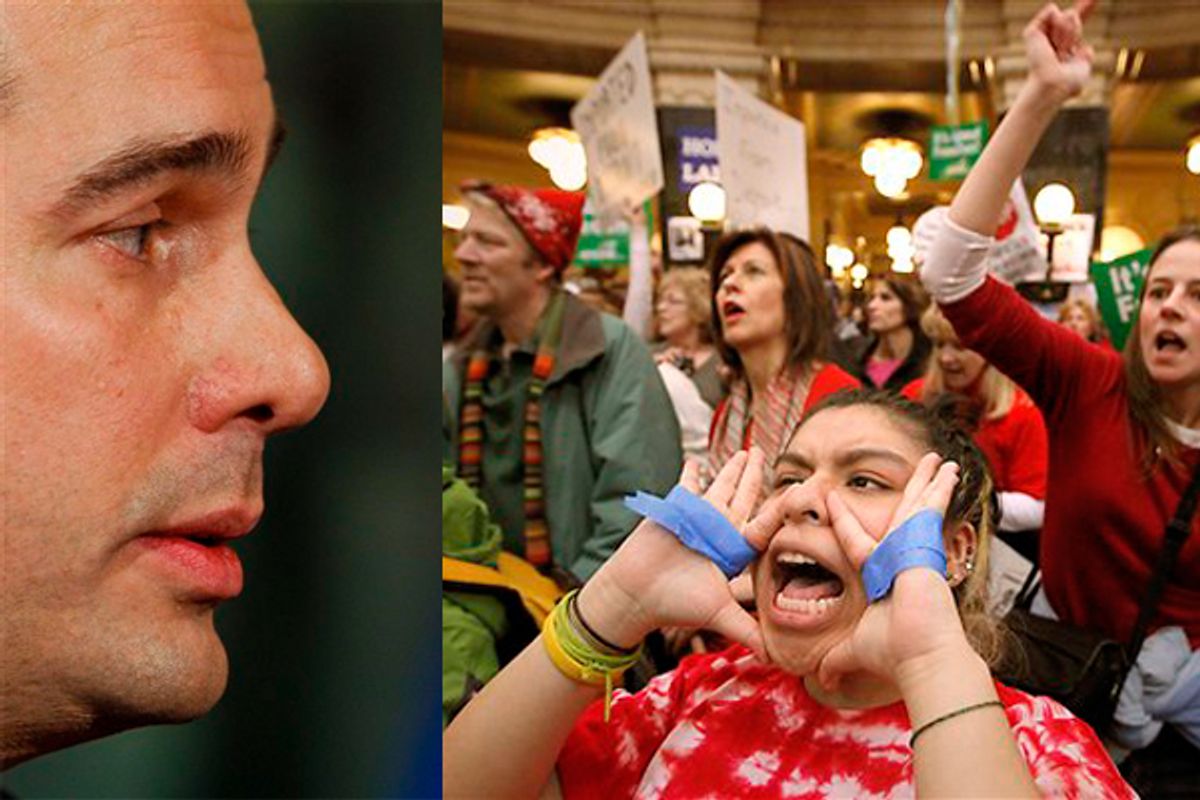 Left: Wisc. Gov. Scott Walker. Right: Jessie Brown shouts protest slogans as Kathy Winn, behind, joins in during rallies at the Wisconsin State Capitol 