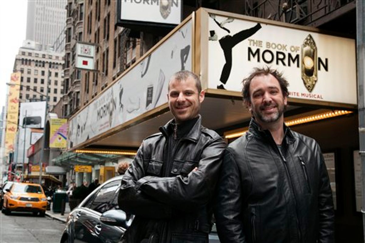 CORRECTS LEFT AND RIGHT In this March 16, 2011 photo, Trey Parker, right, and Matt Stone, co-creators of the Broadway show "The Book of Mormon," pose for a portrait outside the Eugene O'Neill Theatre in New York. (AP photo/Victoria Will) (AP)