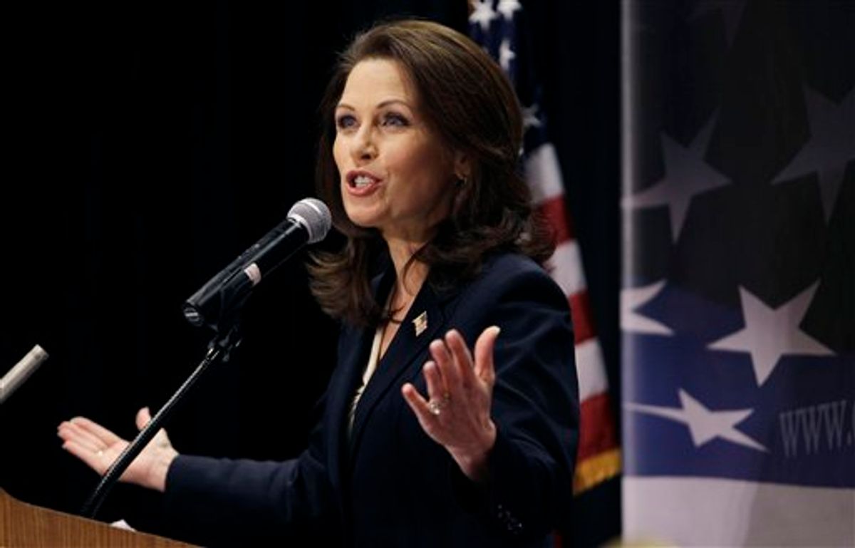 U.S. Rep. Michele Bachmann, R-Minn., speaks during the Conservative Principles Conference hosted by U.S. Rep. Steve King, R-Iowa, Saturday, March 26, 2011, in Des Moines, Iowa. (AP Photo/Charlie Neibergall) (AP)