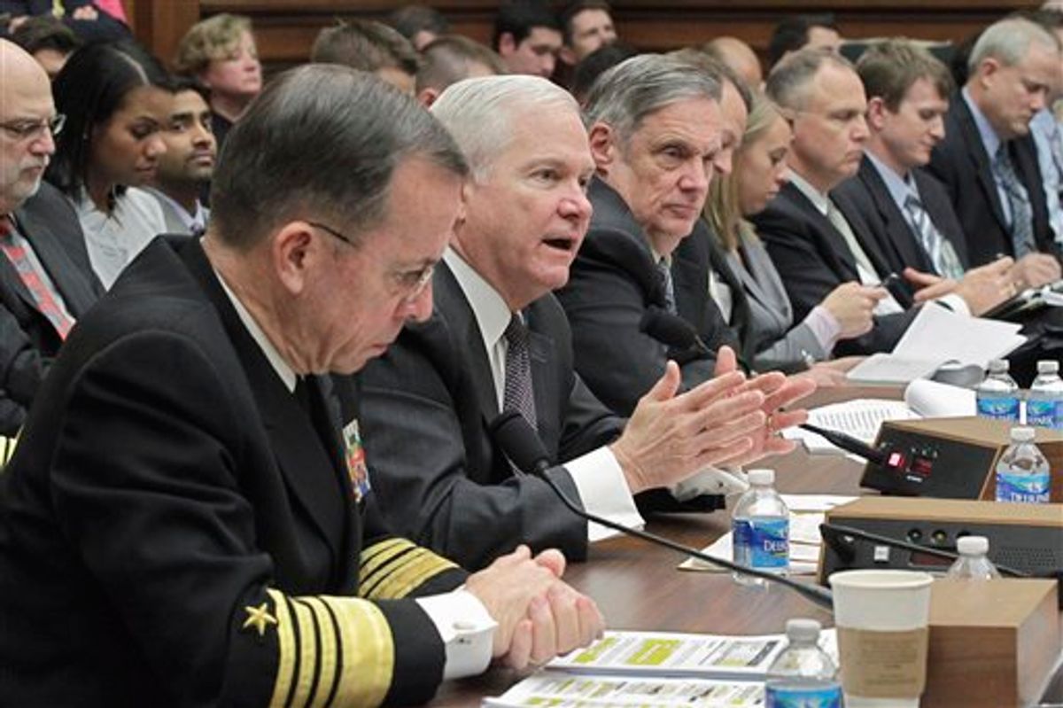 From left, Joint Chiefs Chairman Adm. Michael Mullen; Defense Secretary Robert Gates; Pentagon Comptroller Robert F. Hale, and others, testify on Capitol Hill in Washington, Wednesday, Feb. 16, 2011, before the HouseArmed Services Committee hearing on the Defense Department's budget. (AP Photo/J. Scott Applewhite)  (AP)