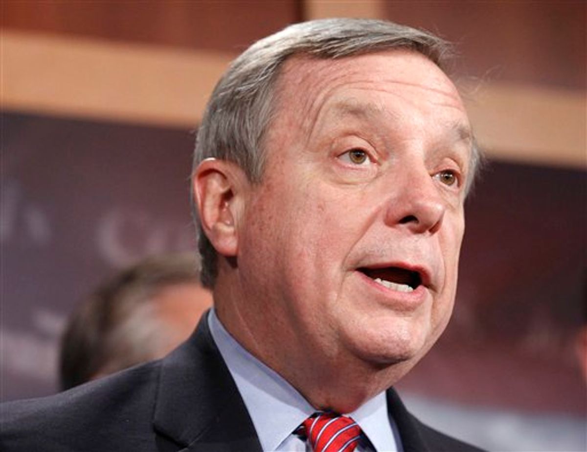 FILE - In this Dec. 18, 2010 file photo, Senate Majority Whip Richard Durbin of Ill. speaks on Capitol Hill in Washington. Is anyone going to fix Social Security? Medicare? Medicaid? They're the big bills coming due.  While President Barack Obama and congressional leaders offer vague assurances, six senators _ three Republicans and three Democrats whose ideologies cover the entire liberal-conservative spectrum _ are quietly taking up the baton.  (AP Photo/Alex Brandon, File)   (AP)