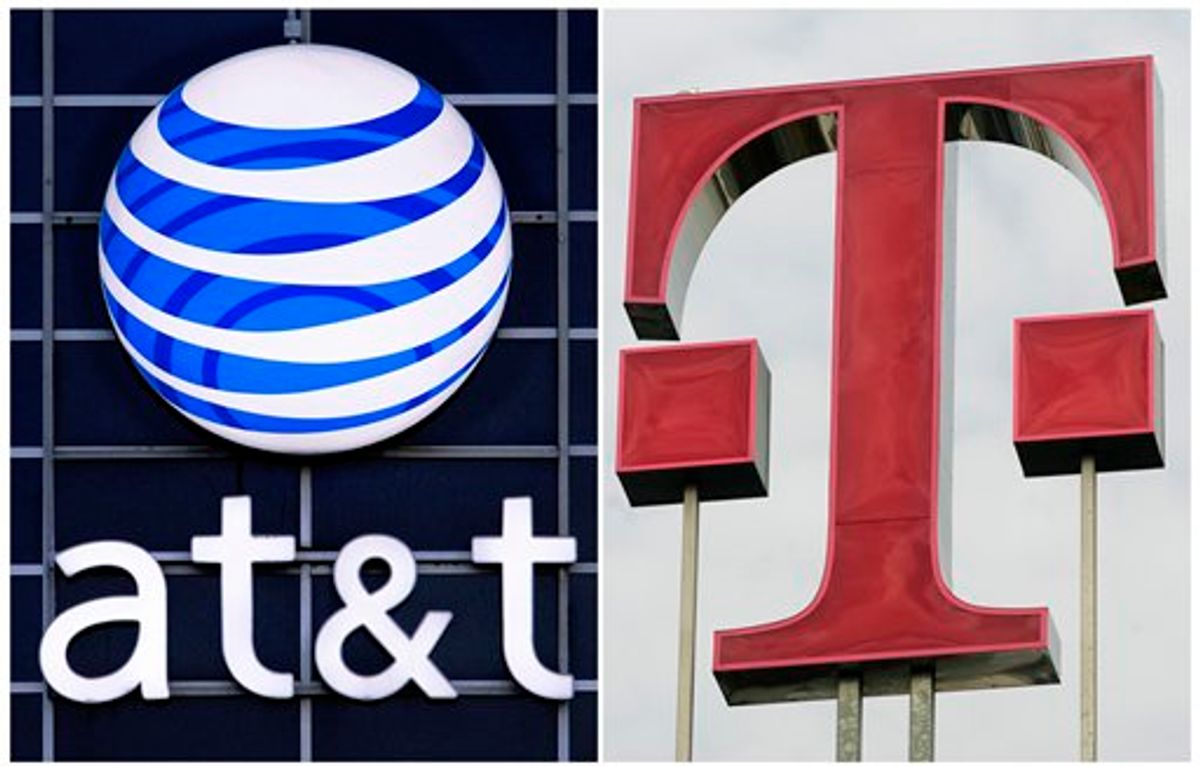 This photo combination shows logos for AT&amp;T, left, and Deutsche Telekom AG. AT&amp;T Inc. on Sunday, March 20, 2011 said it will buy T-Mobile USA from Deutsche Telekom AG in a cash-and-stock deal valued at $39 billion, becoming the largest cellphone company in the U.S. (AP Photo) (AP)